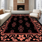 Coral Floral Bordered Black Rug