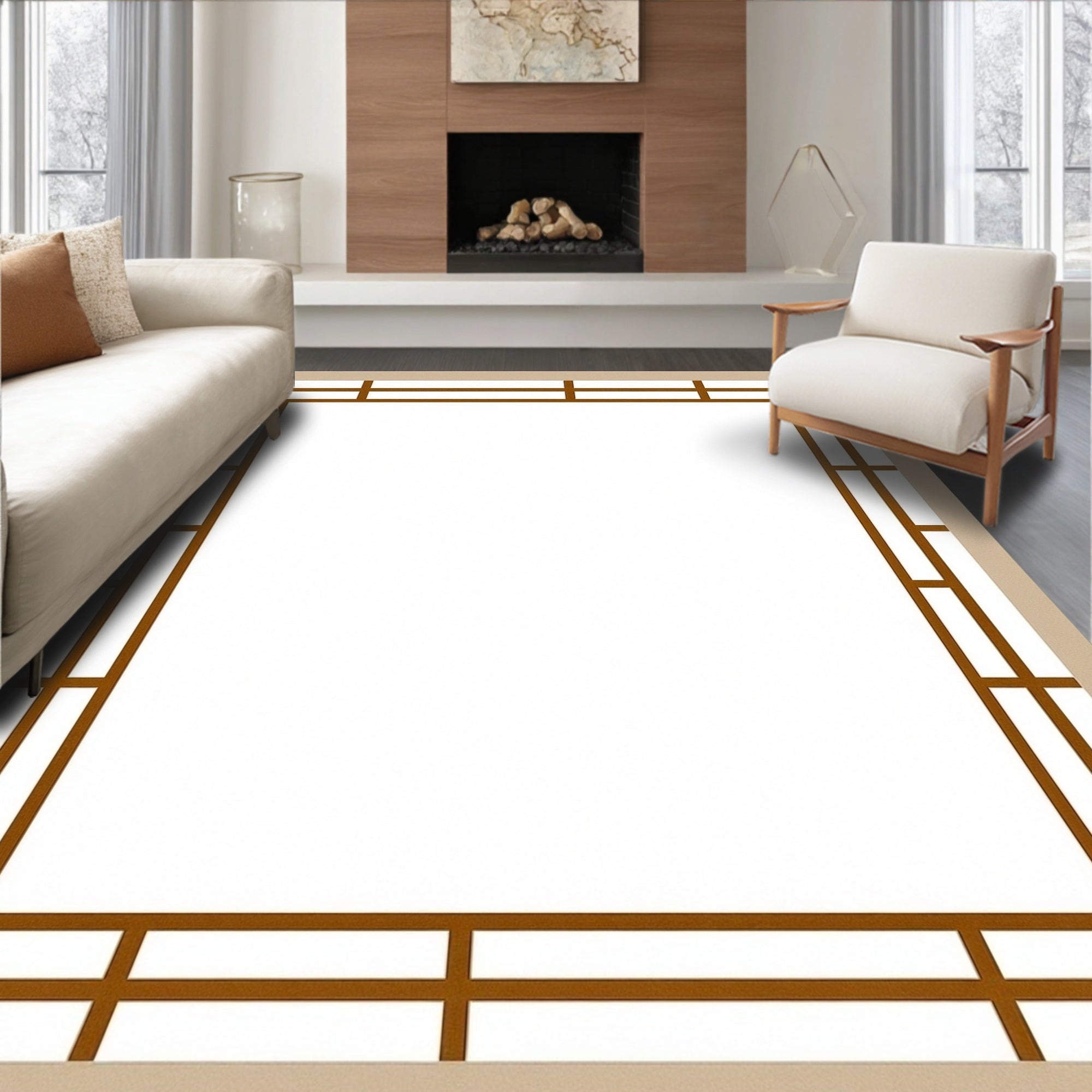Tan Bordered Geometric Frame Rug