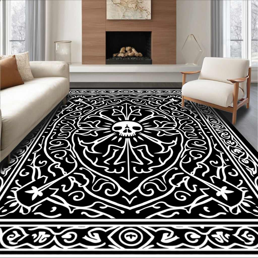 Gothic Skull Floral Black and White Rug