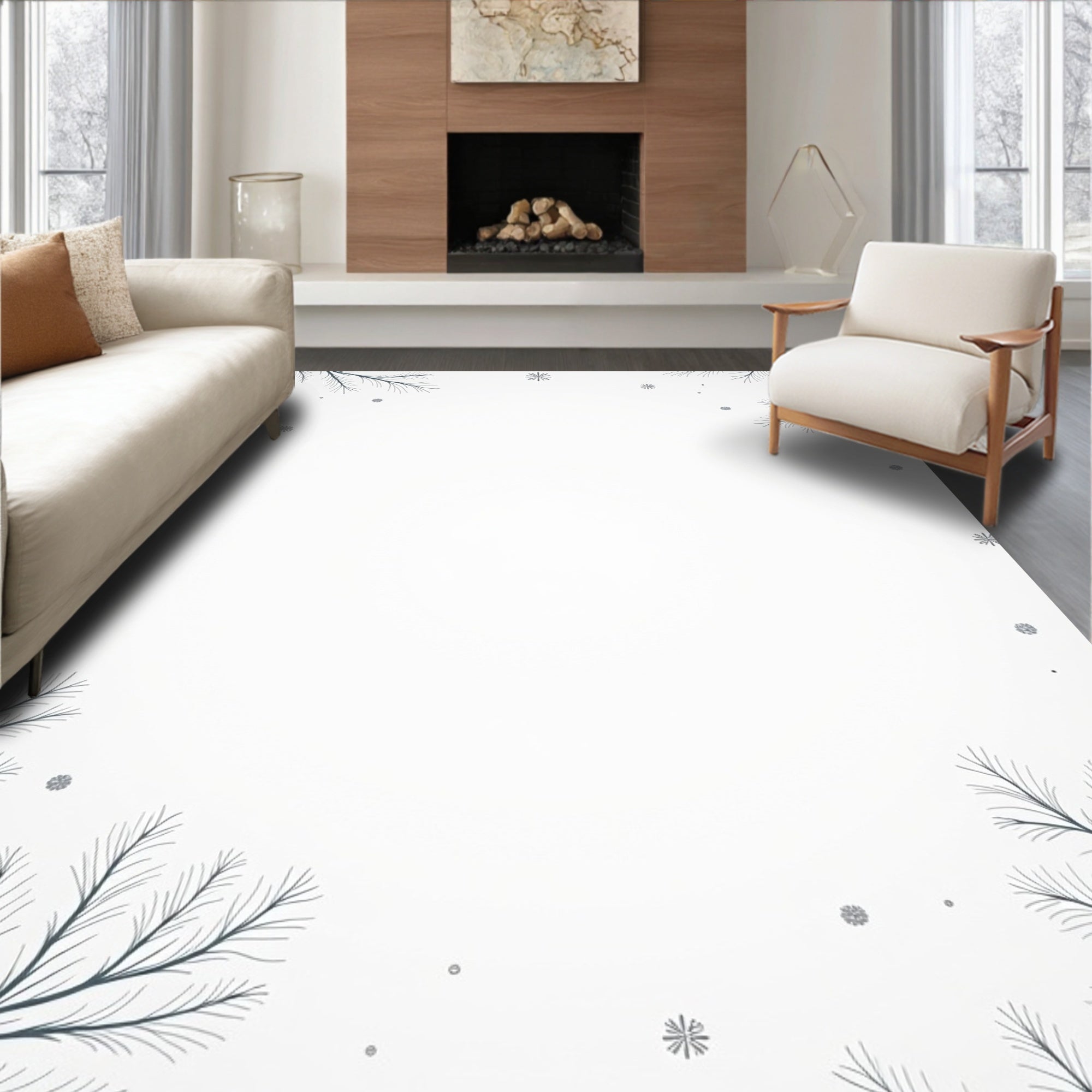 Winter Pinecone Snowflakes Border Rug