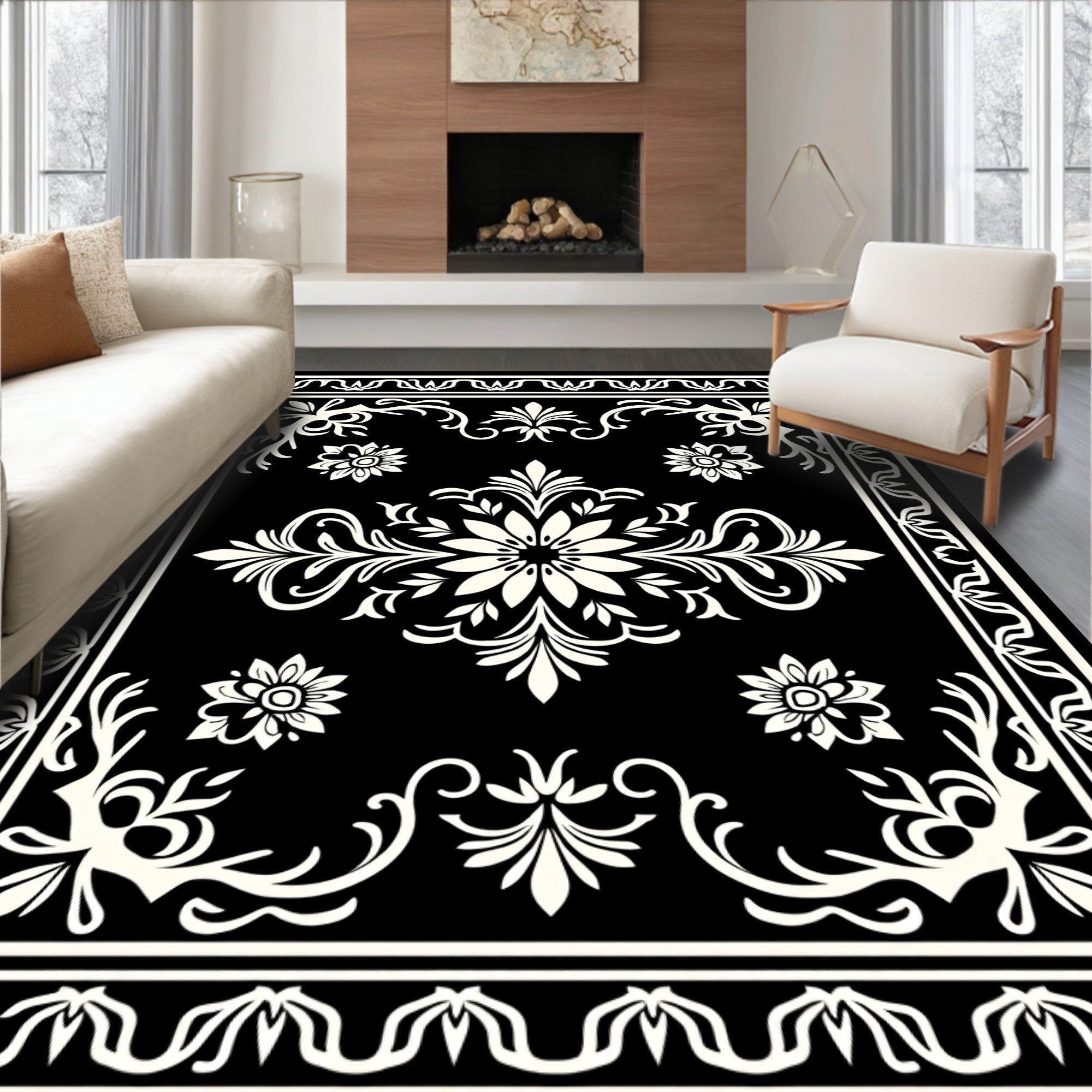 Black and White Floral Medallion Border Rug