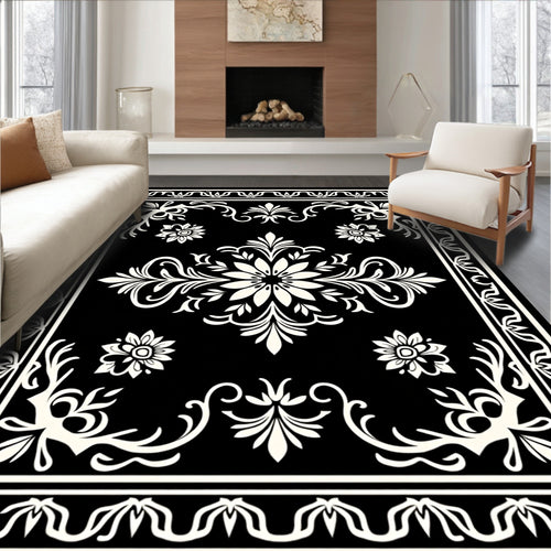 Black and White Floral Medallion Border Rug
