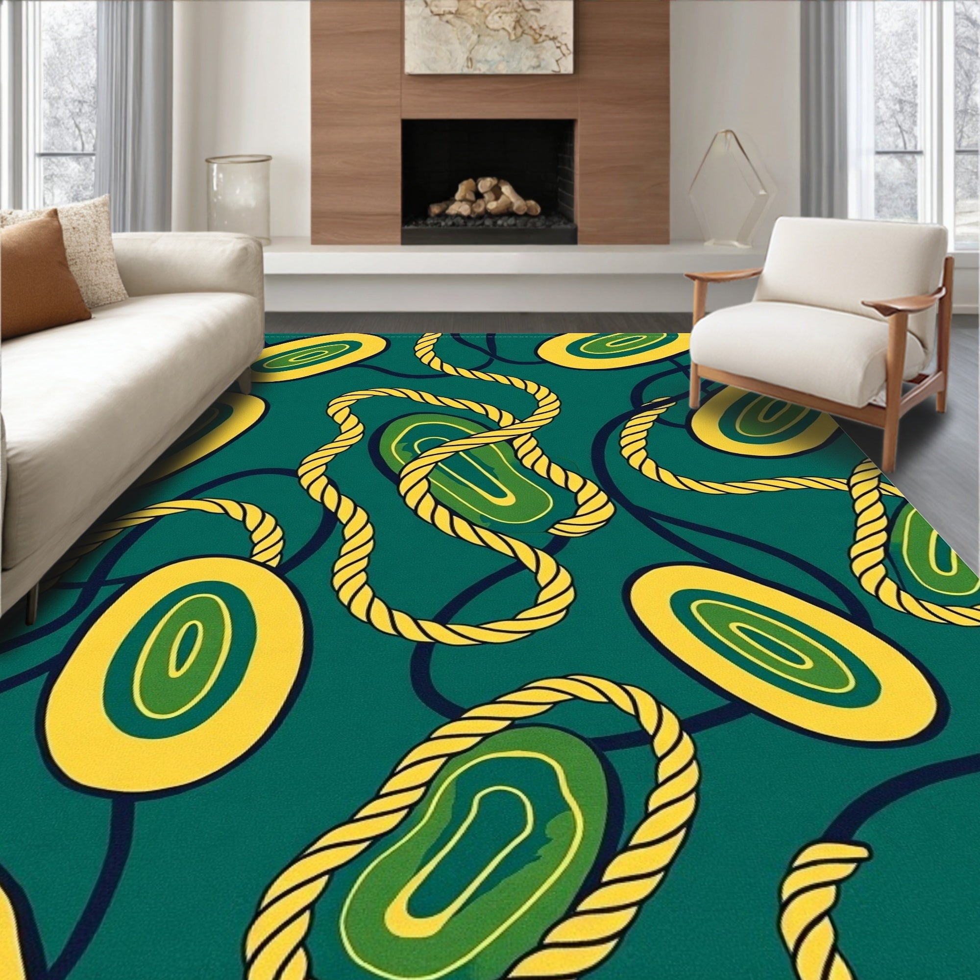 Teal Yellow Braided Cord Abstract Oval Rug
