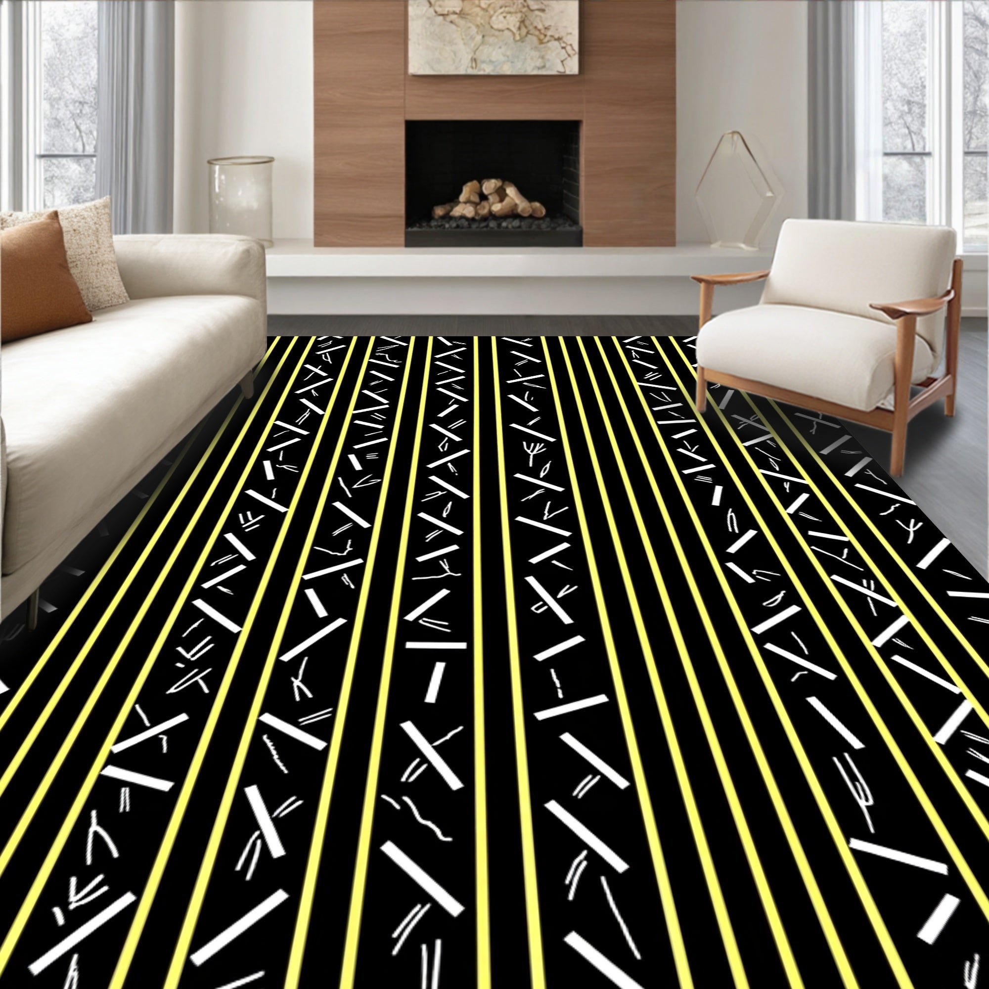 Black Yellow Stripped Abstract Shapes Rug