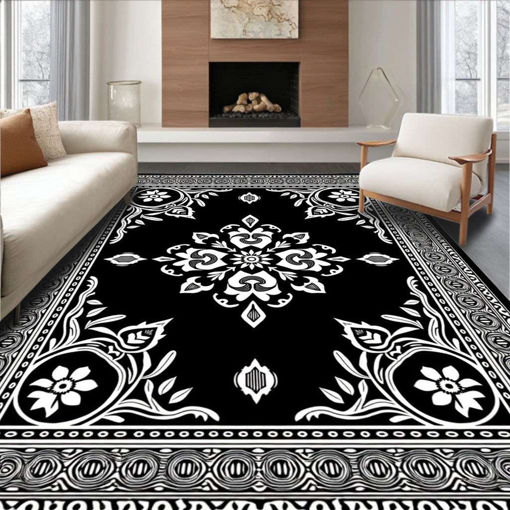 Black White Floral Ornamental Border Rug