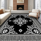Black White Floral Ornamental Border Rug