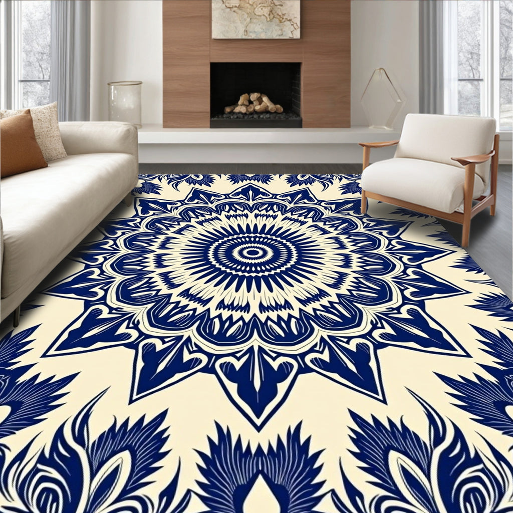 Navy Blue Floral Mandala Radial Rug
