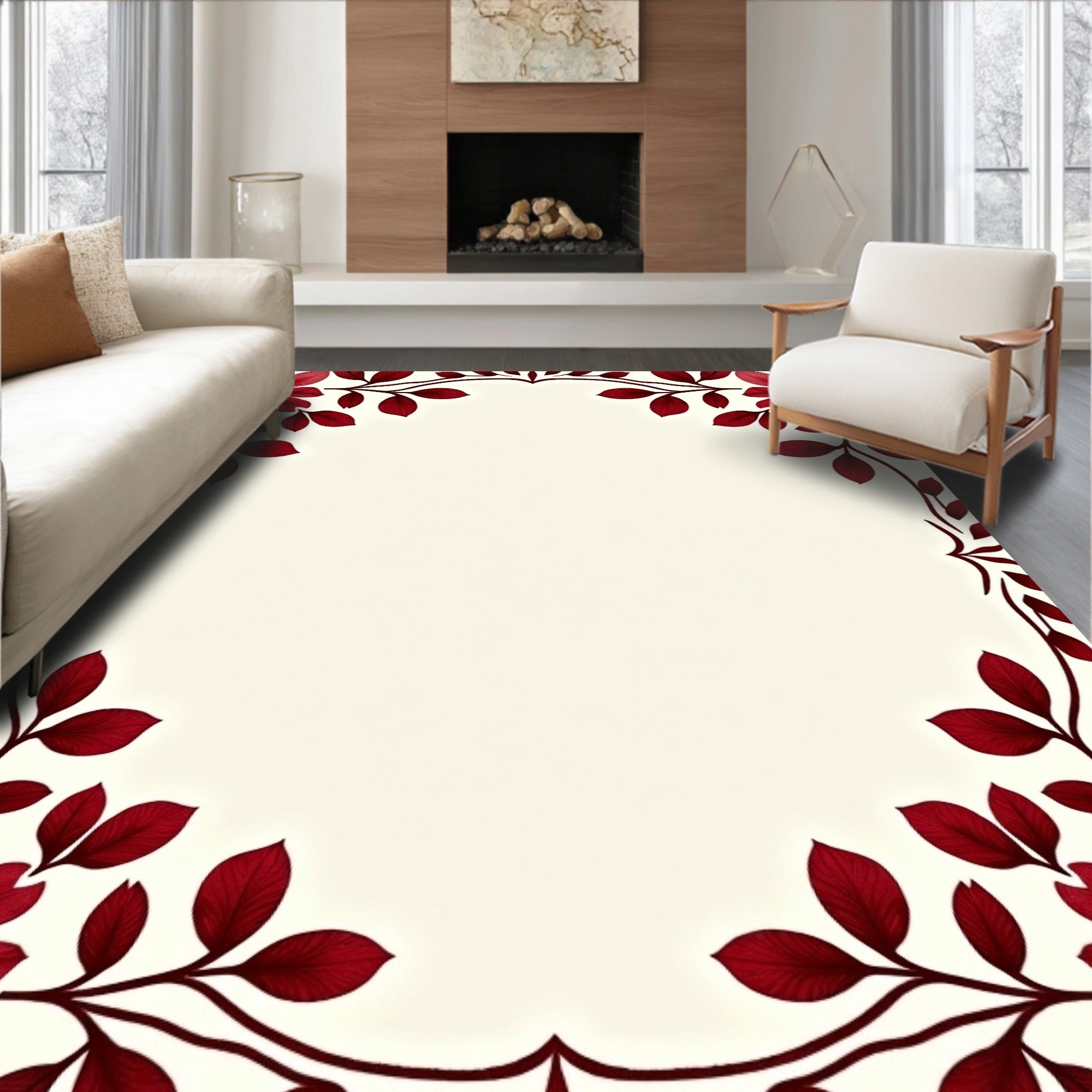 Deep Red Floral Vine Border Rug