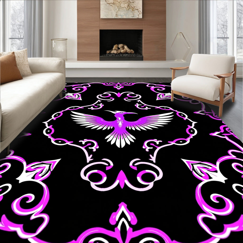 Vibrant Purple Bird Black Swirl Rug