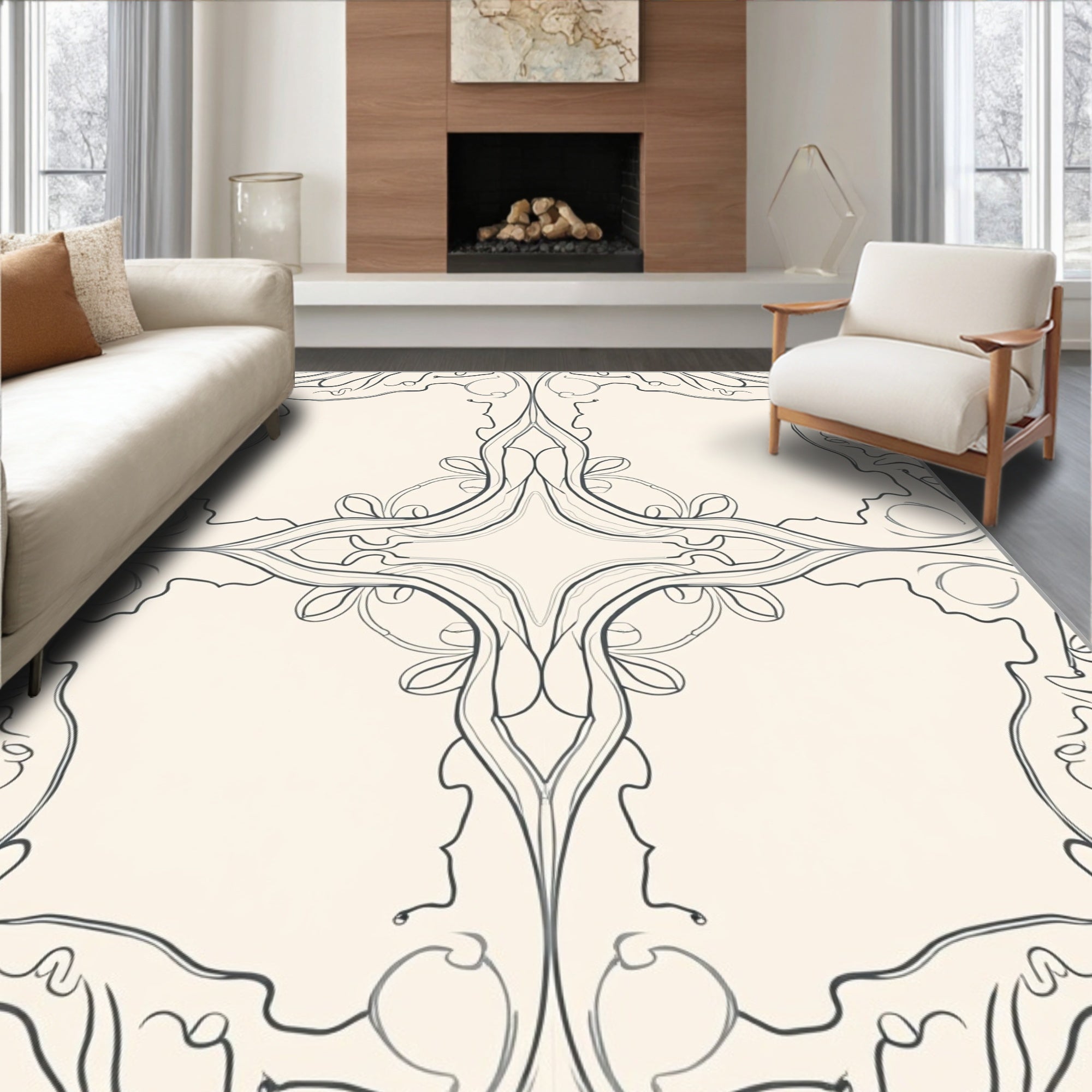 Cream Slate Art Nouveau Profile Inlay Rug