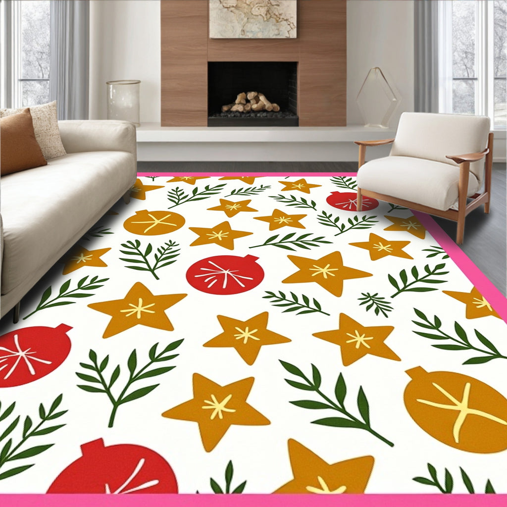 Golden Star Ornaments Red Green Sprigs Rug