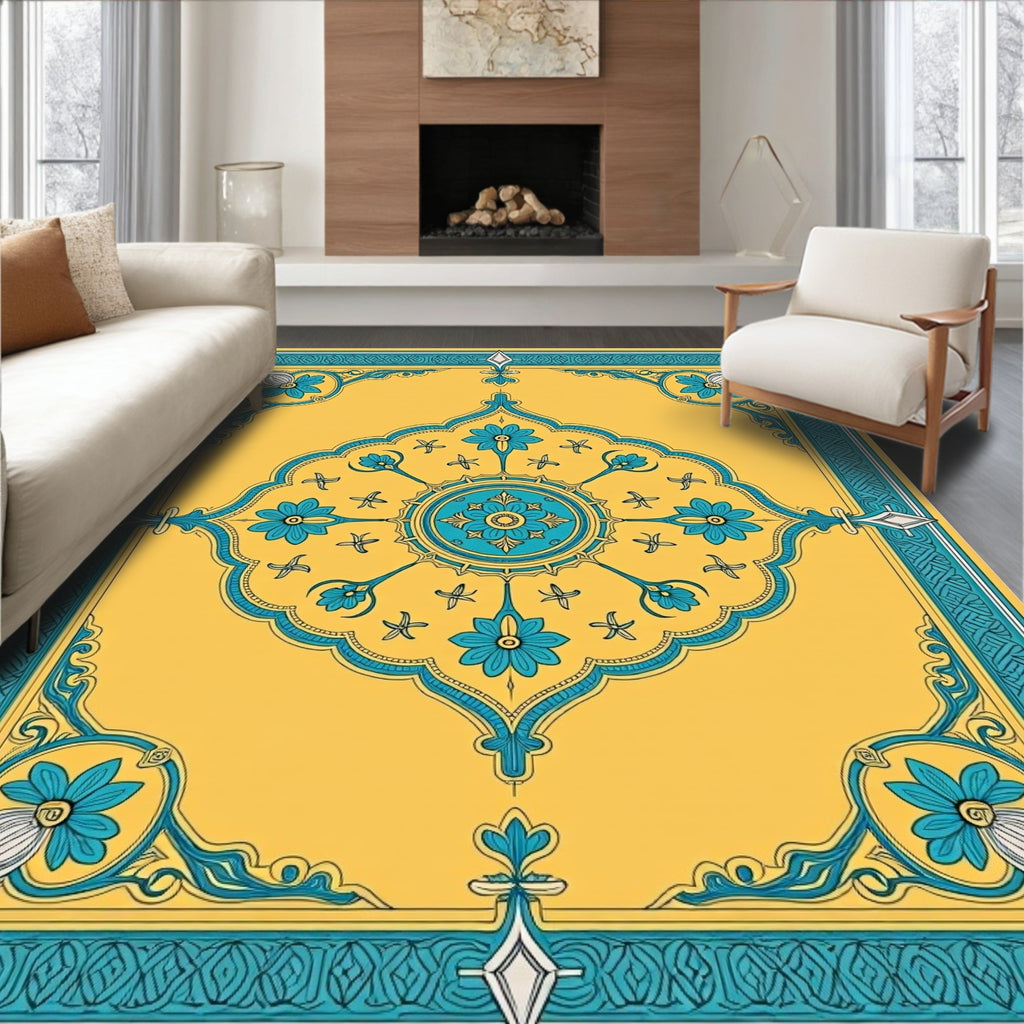Golden Teal Floral Medallion Border Rug