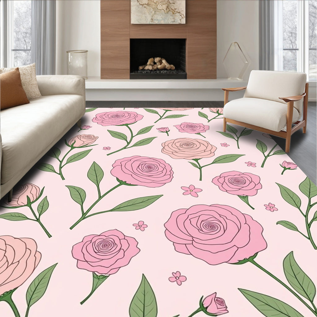 Pink Rose Garden Botanical Motif Rug