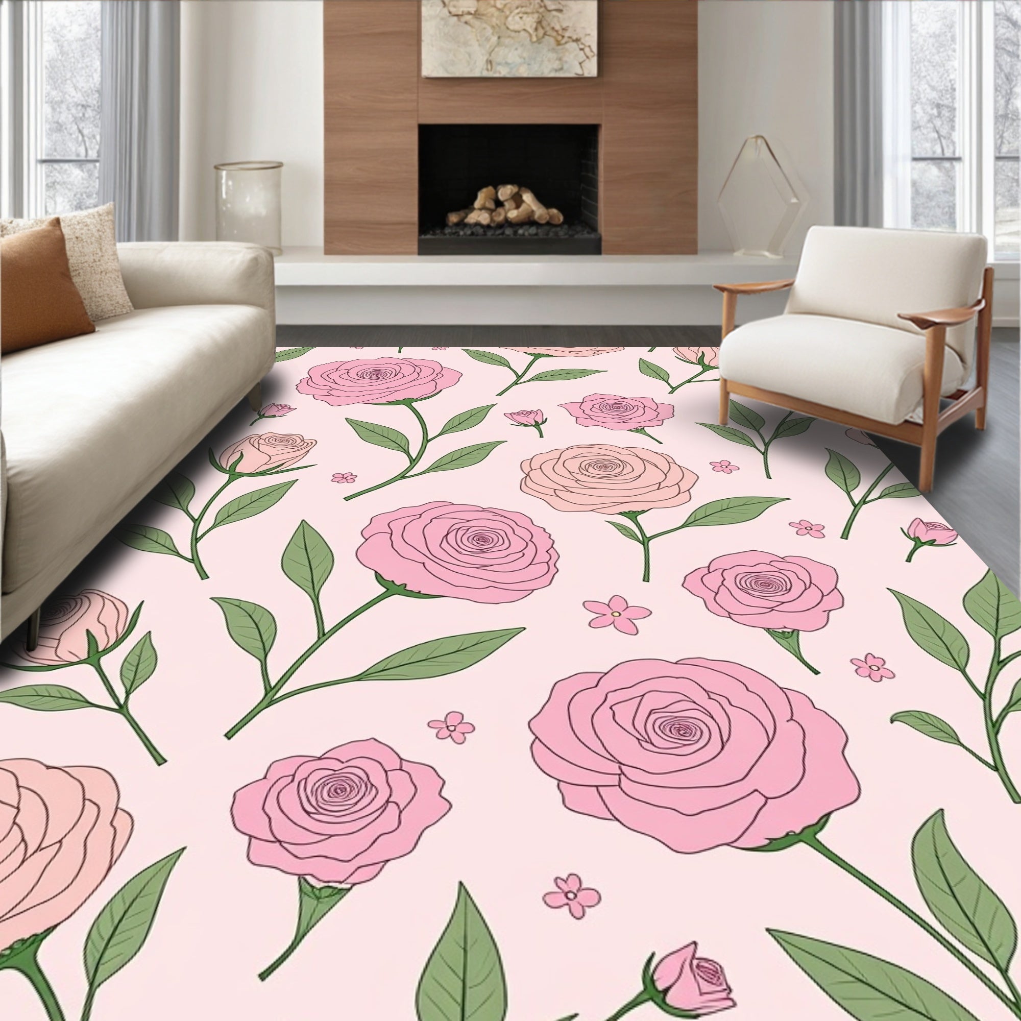 Pink Rose Garden Botanical Motif Rug
