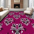 Plum Black and White Floral Damask Rug