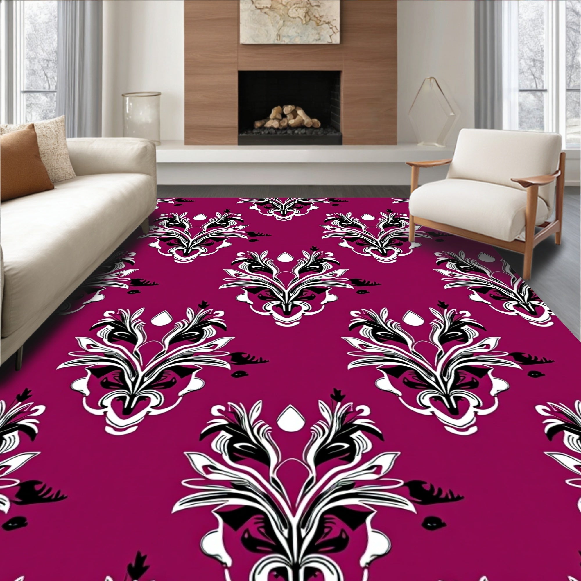 Plum Black and White Floral Damask Rug