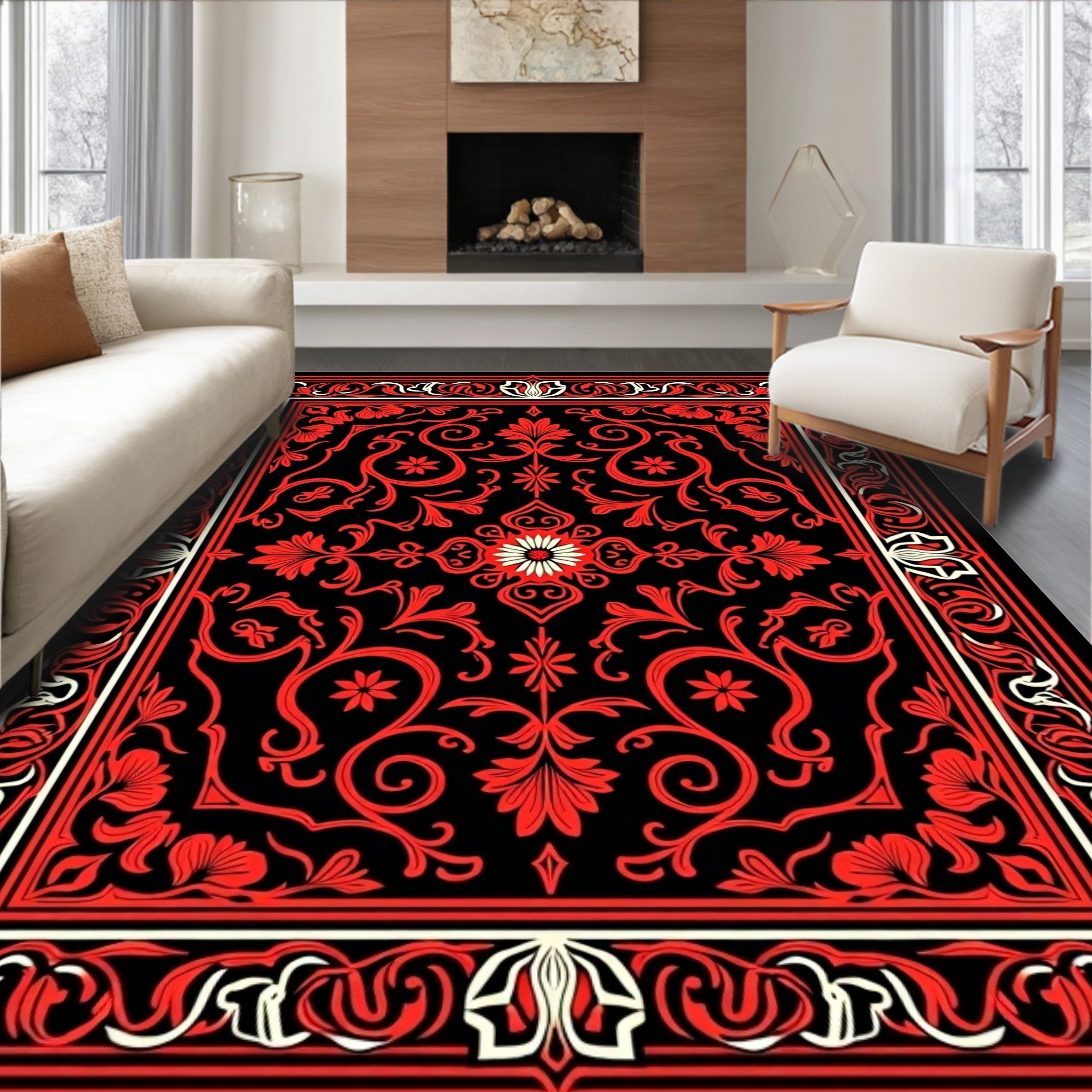 Red Black Floral Scroll Medallion Rug