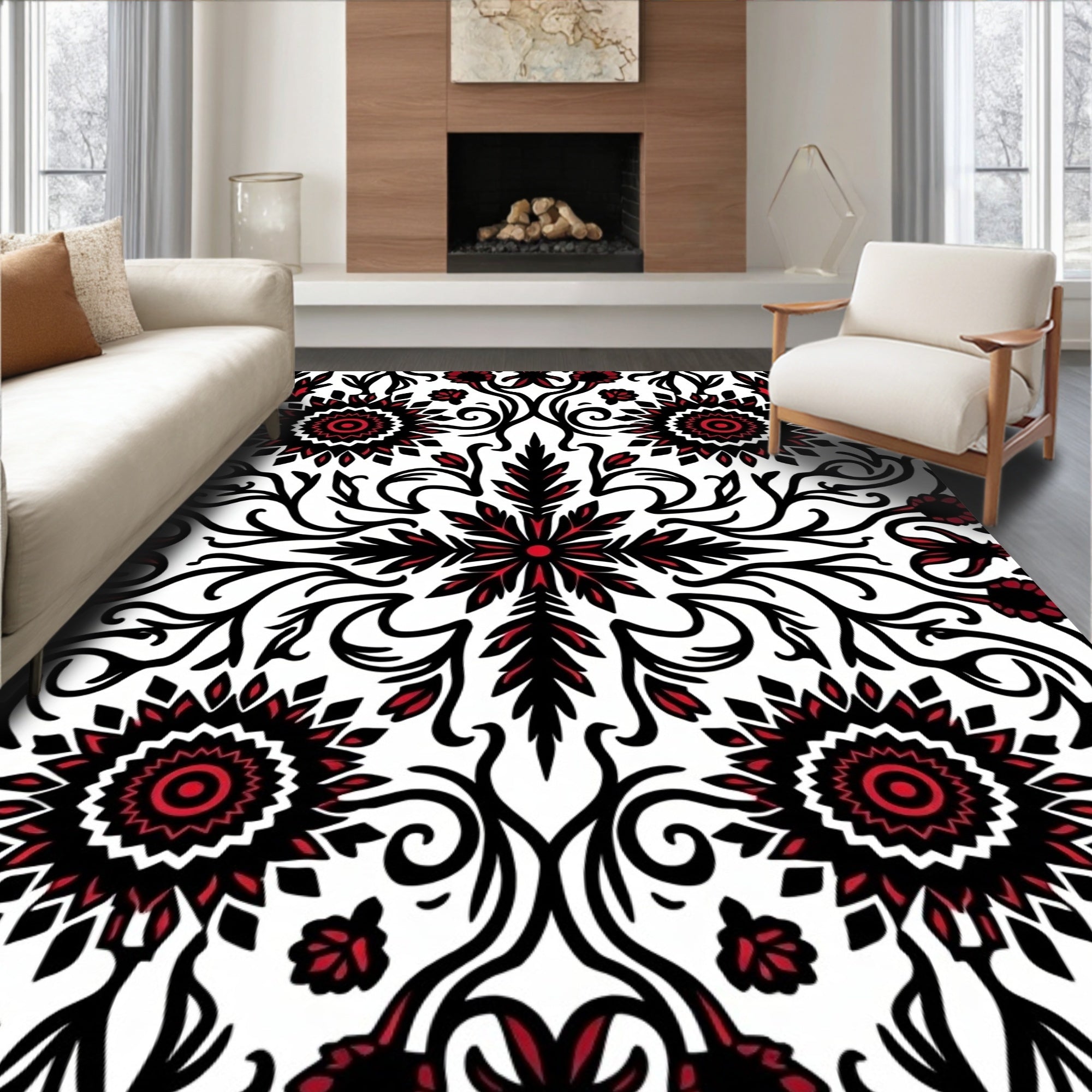 Bold Red Floral Sunburst Mandala Rug