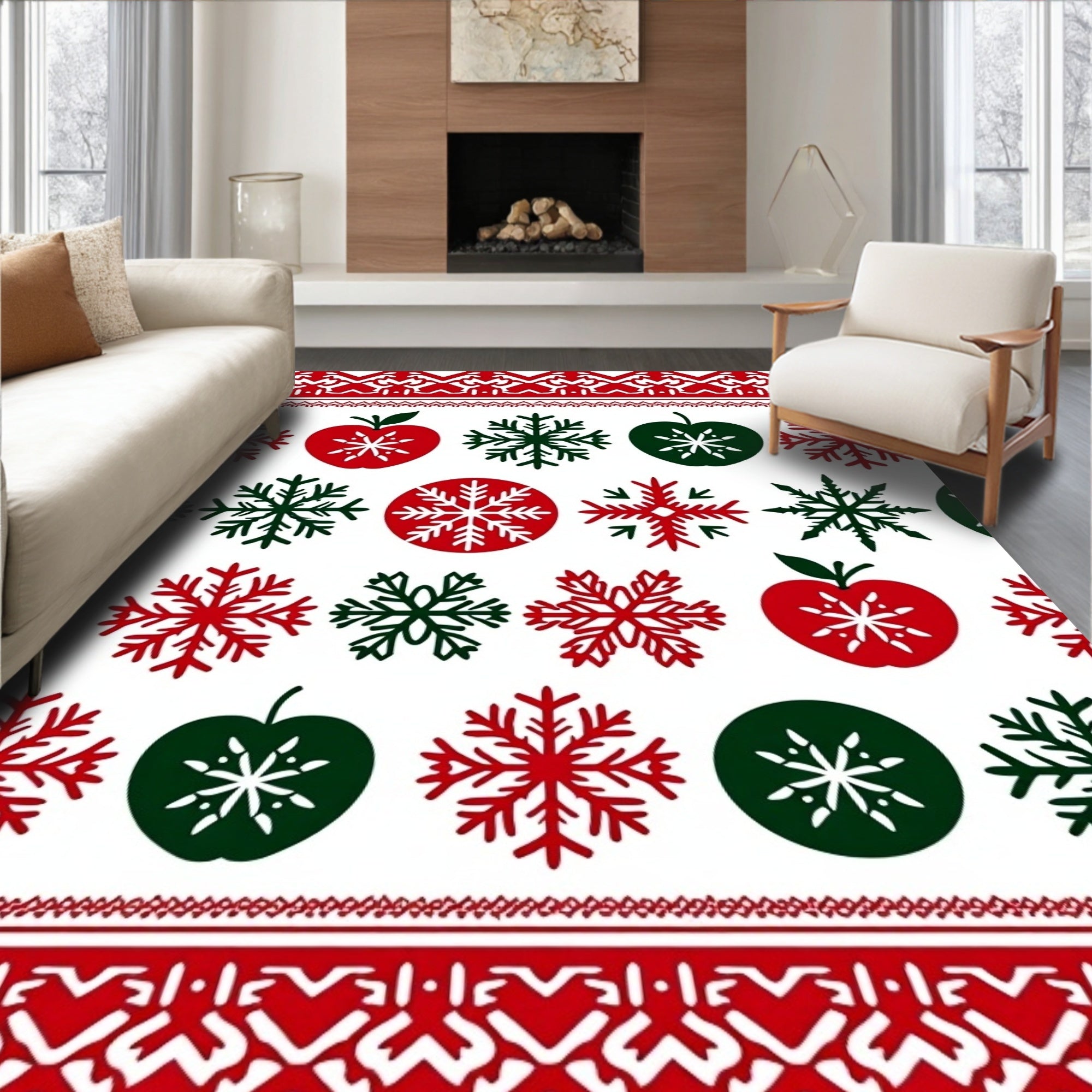 Festive Red Green Snowflake Apple Stripe Rug