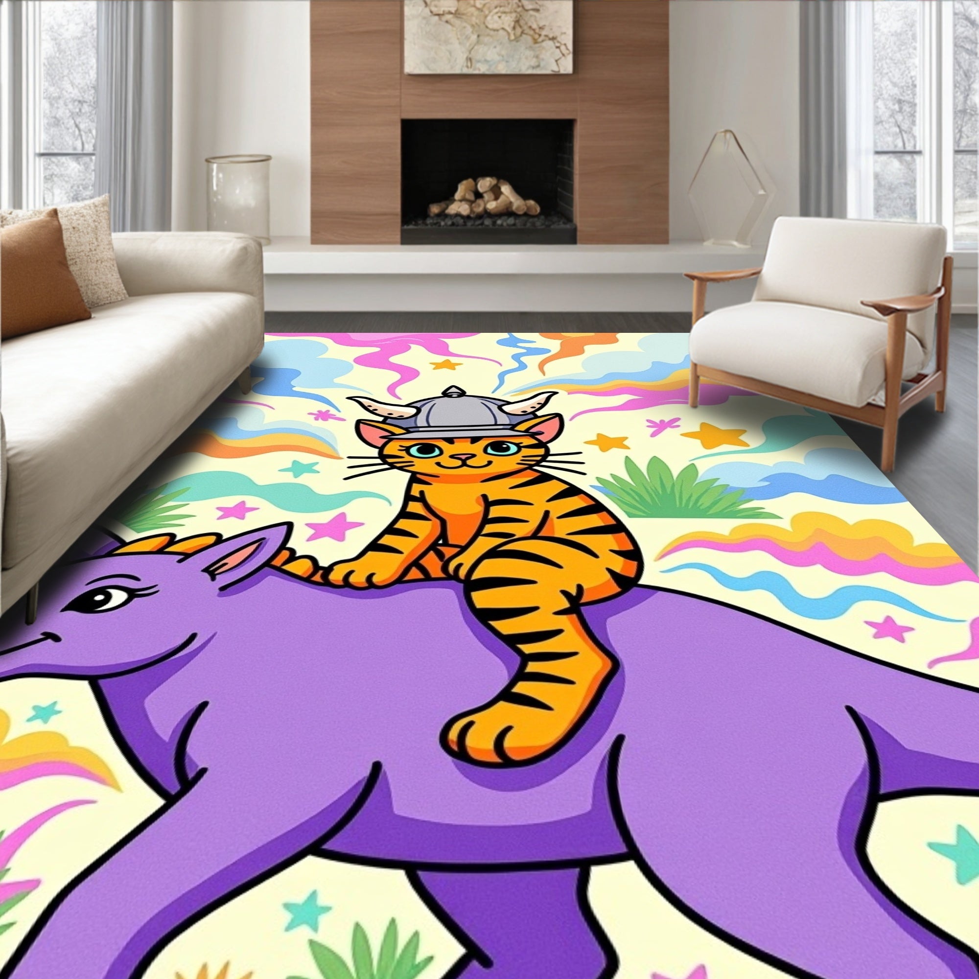 Groovy Orange Cat Viking Dinosaur Ride Rug