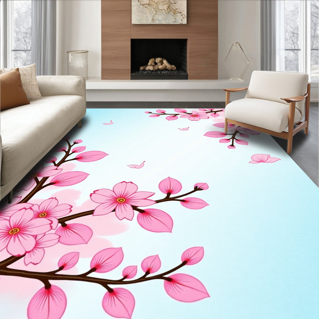 Pink Cherry Blossom Branches With Petals Rug