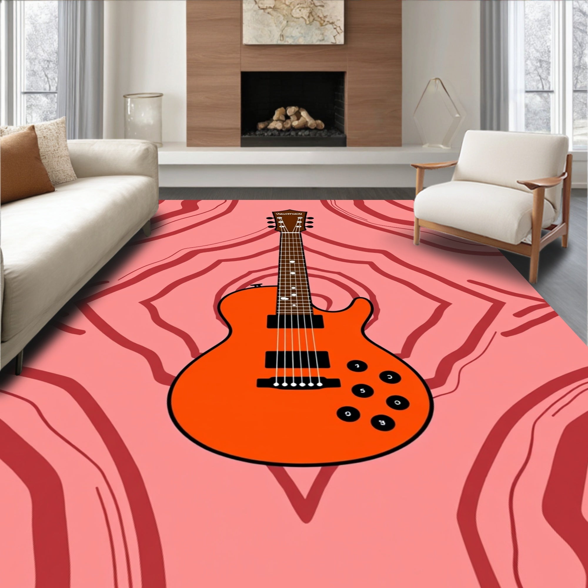 Vibrant Orange Electric Guitar Inlay Rug