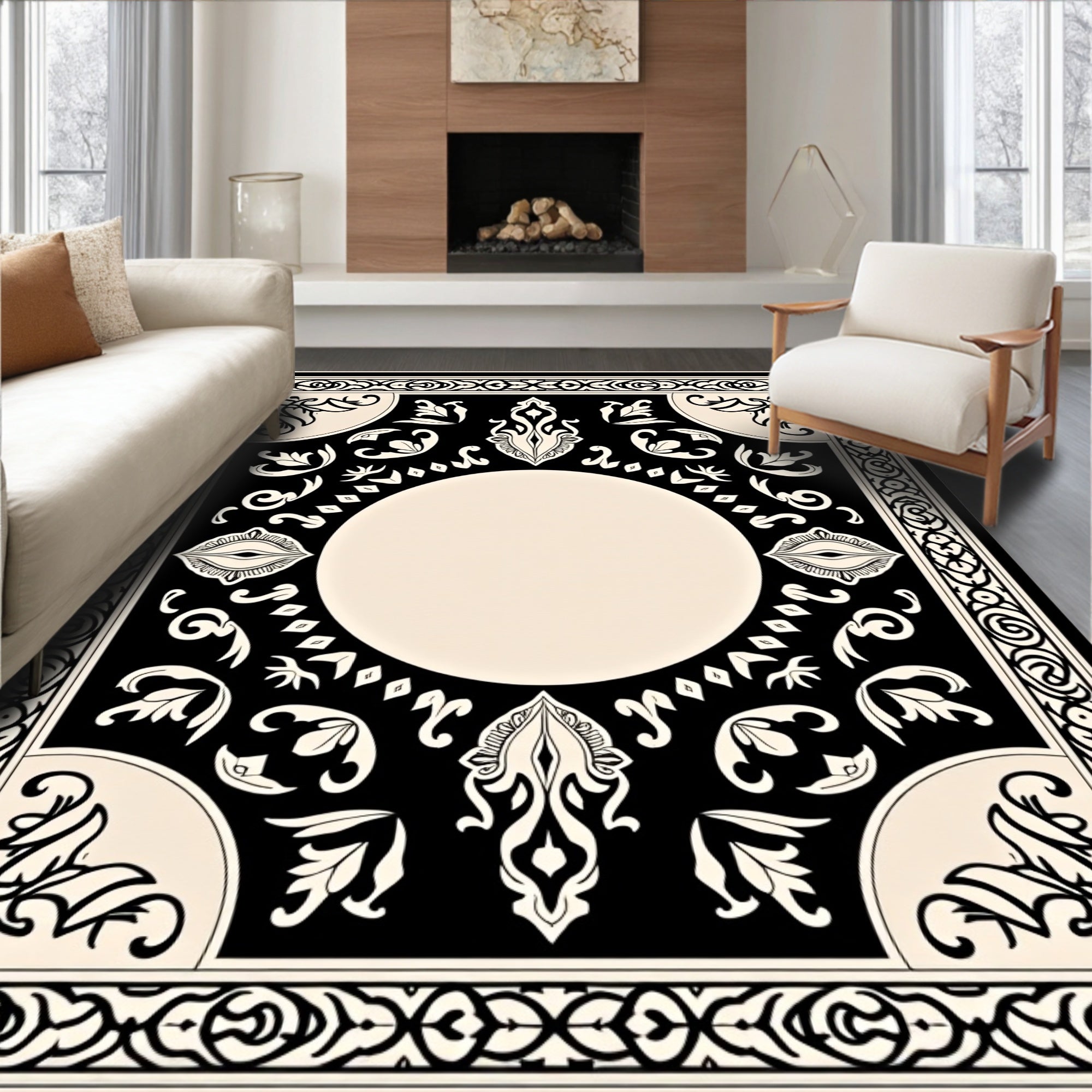 Black Ivory Ornamental Medallion Center Rug