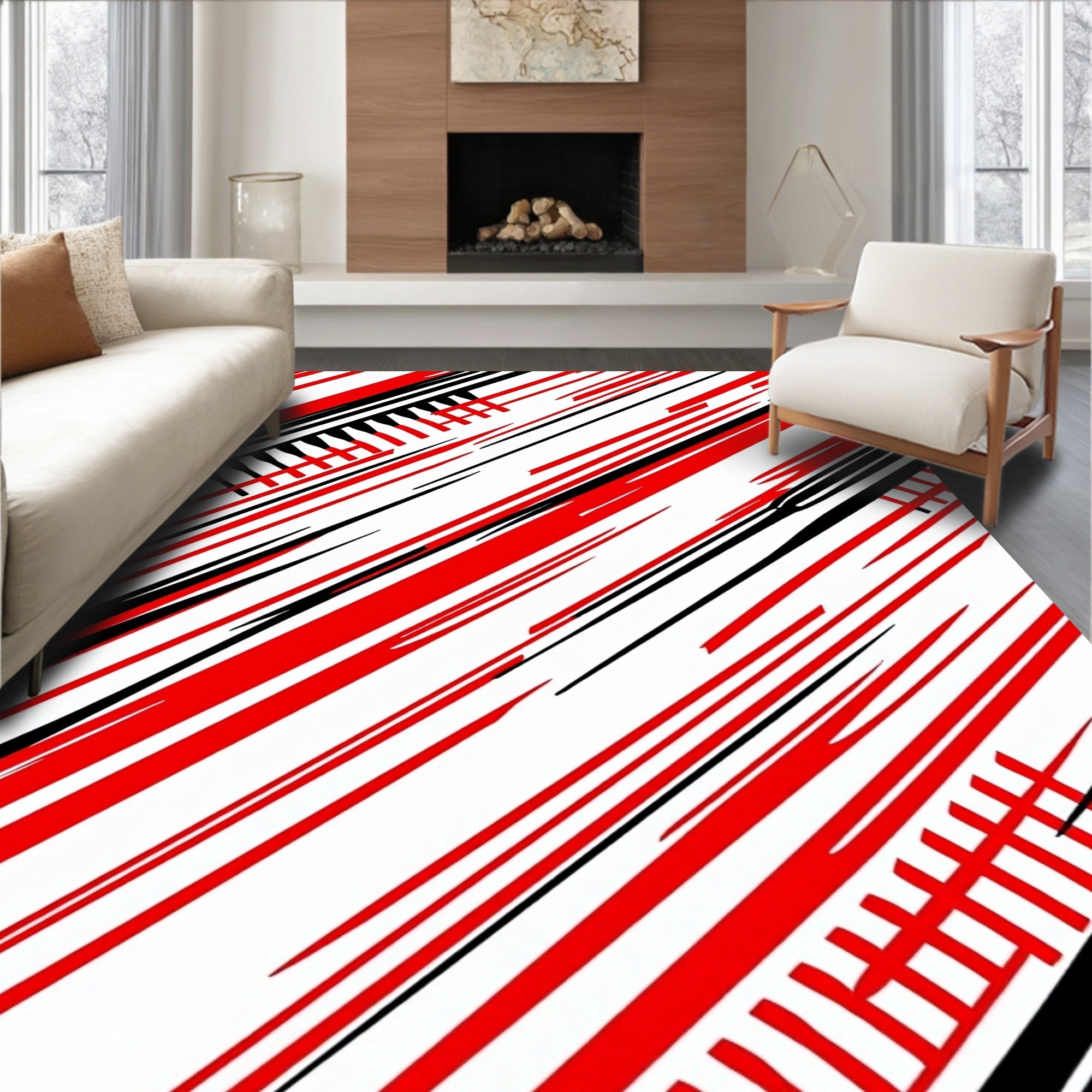 Bold Red Black Diagonal Stripes Rug