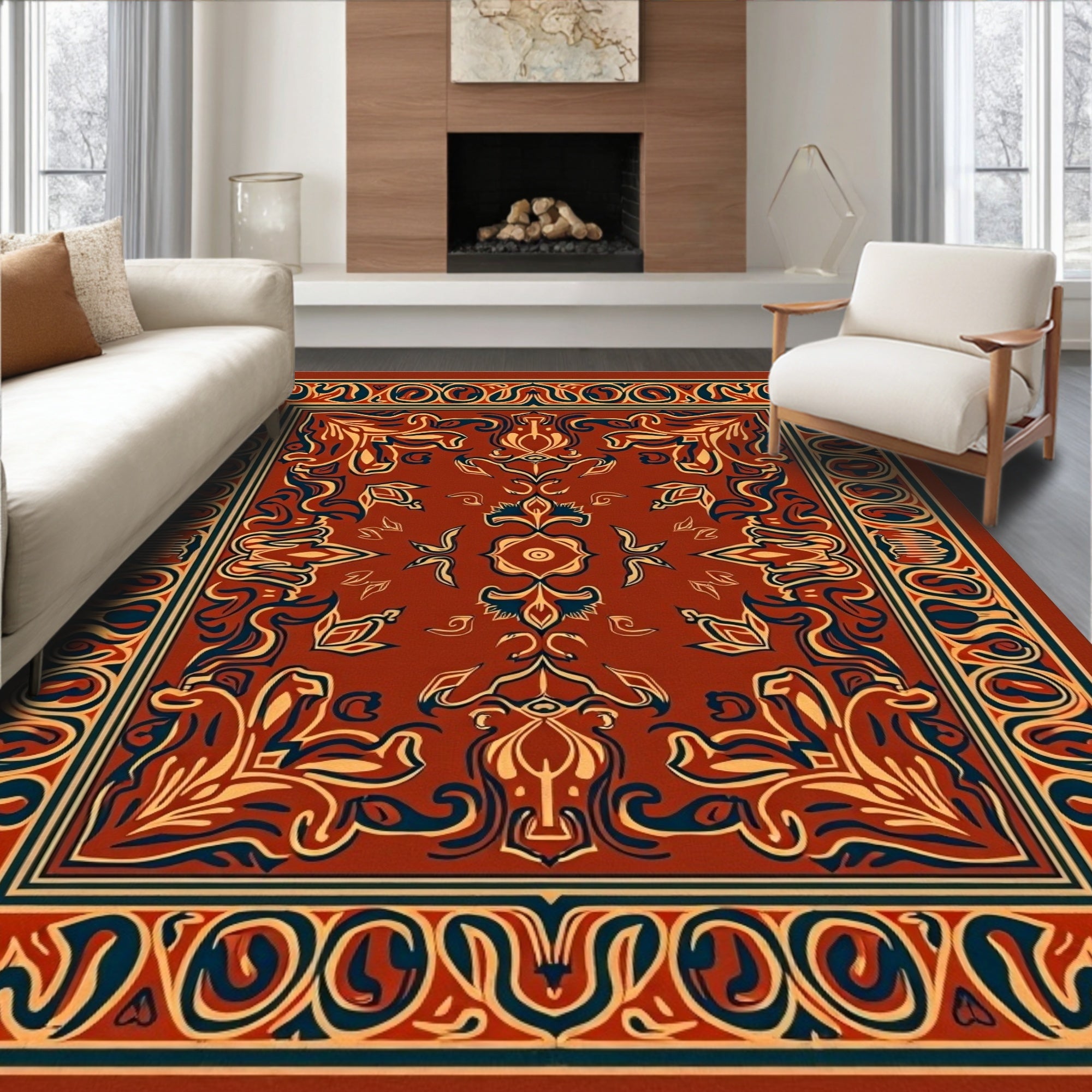 Crimson and Navy Floral Medallion Rug