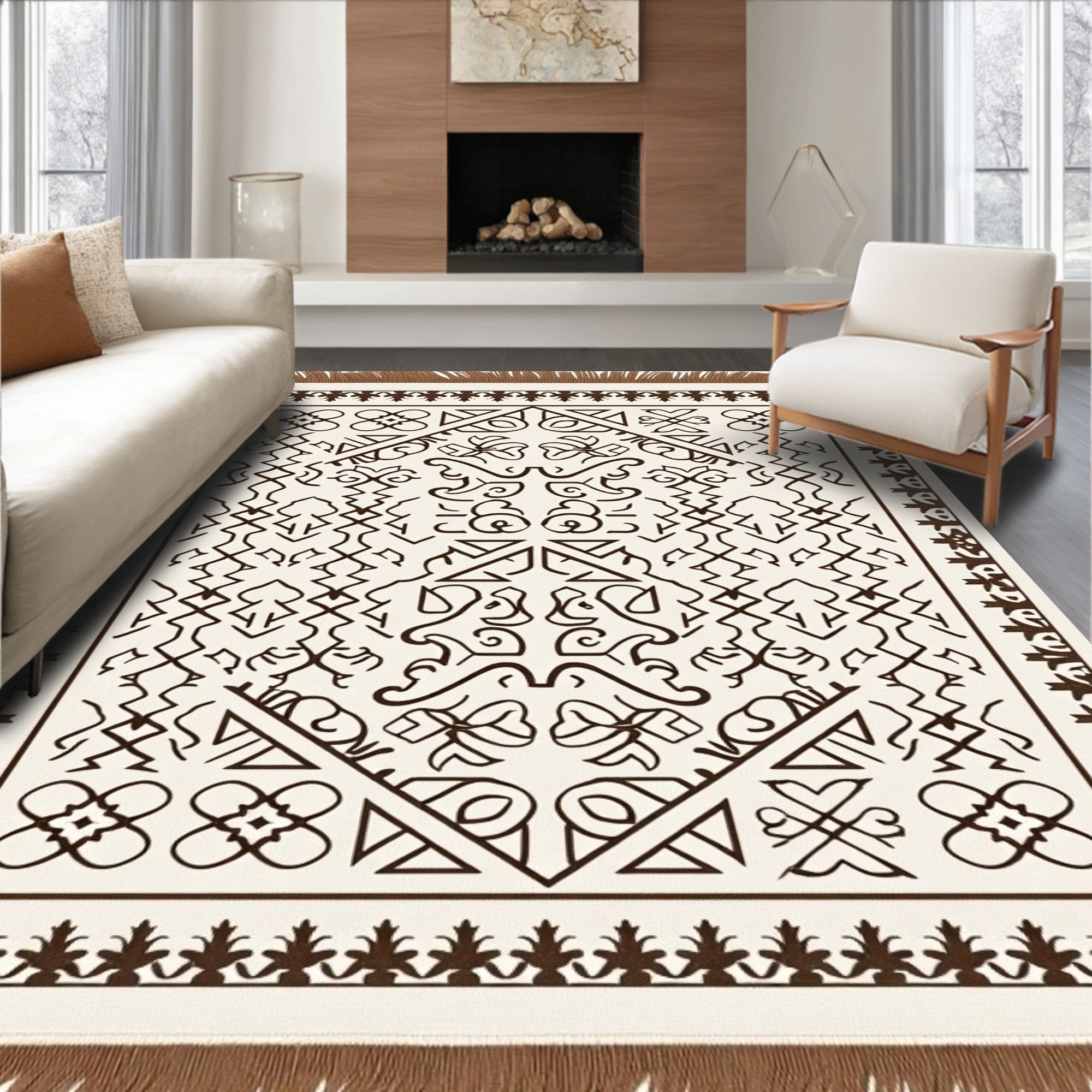 Cream and Brown Geometric Abstract Rug