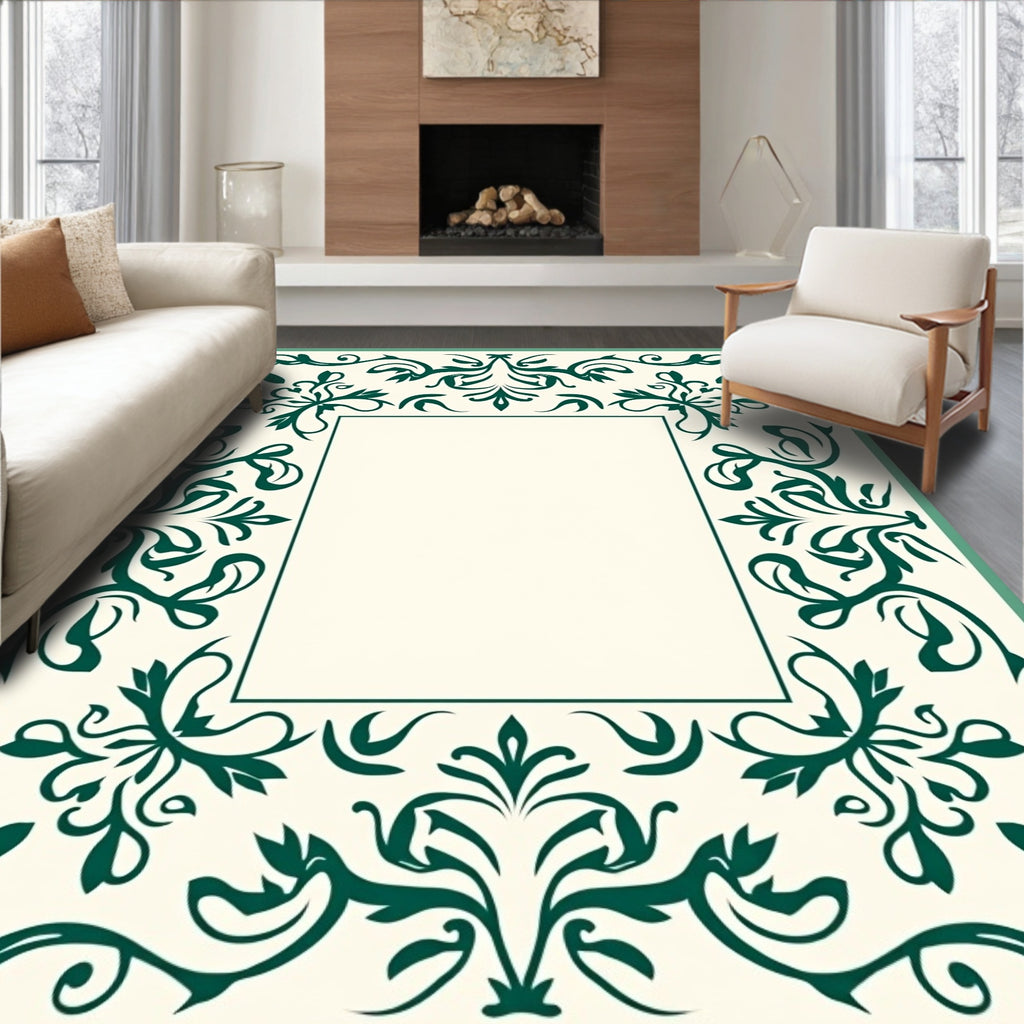 Cream Emerald Scrollwork Floral Border Rug