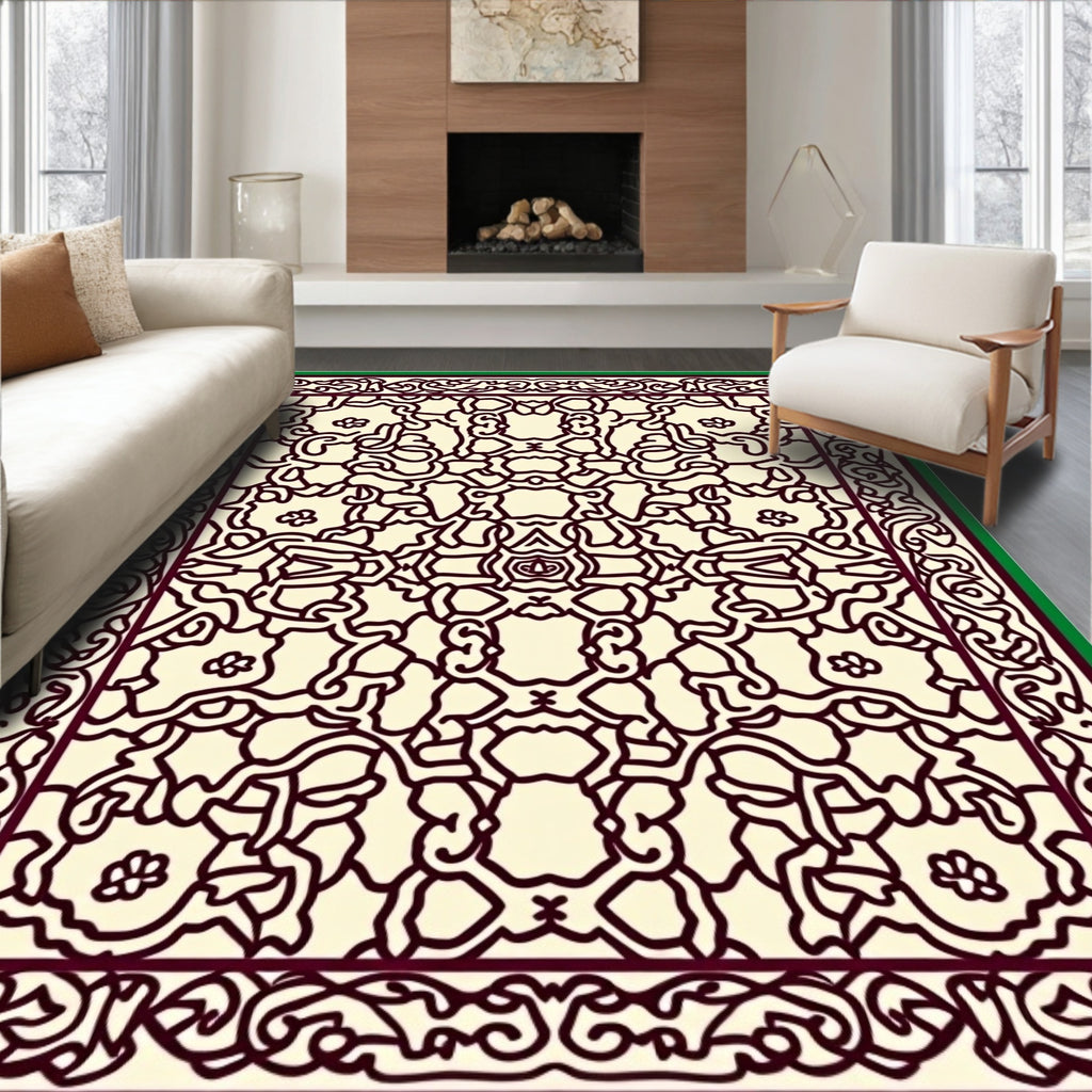 Cream Burgundy Interlocking Floral Scroll Rug