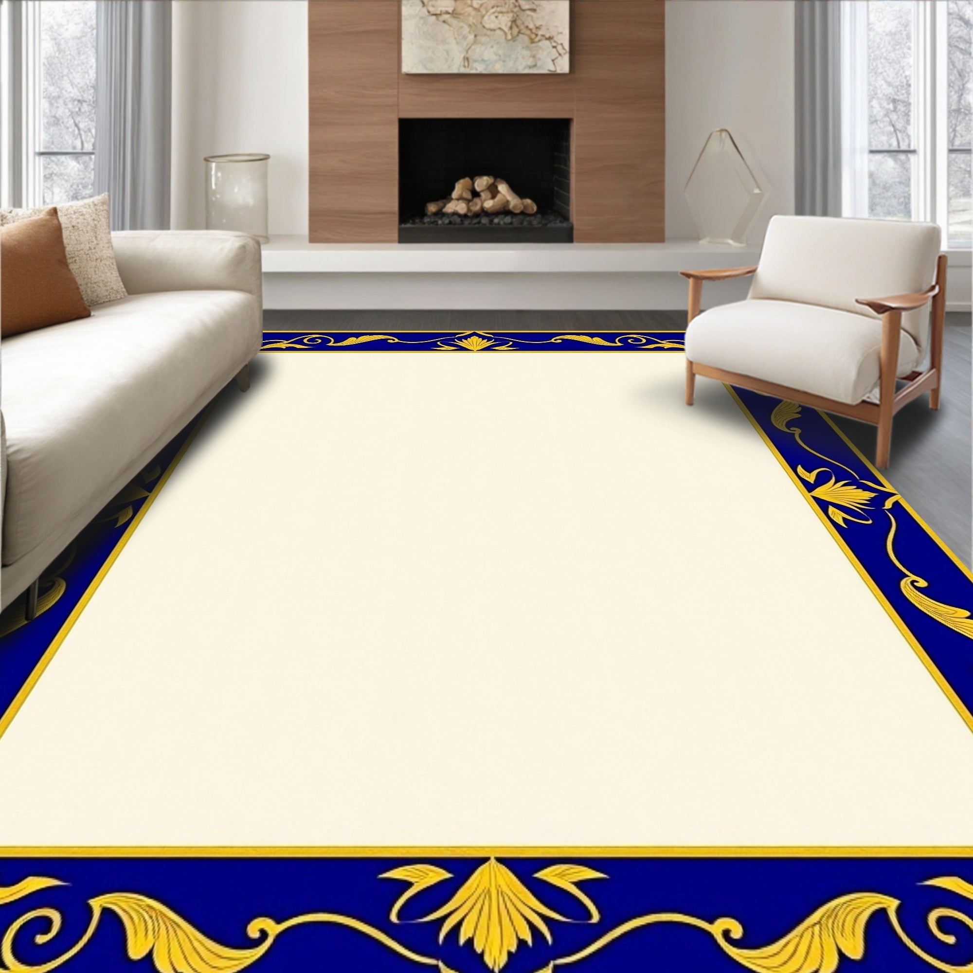 Deep Blue Golden Acanthus Scroll Border Rug