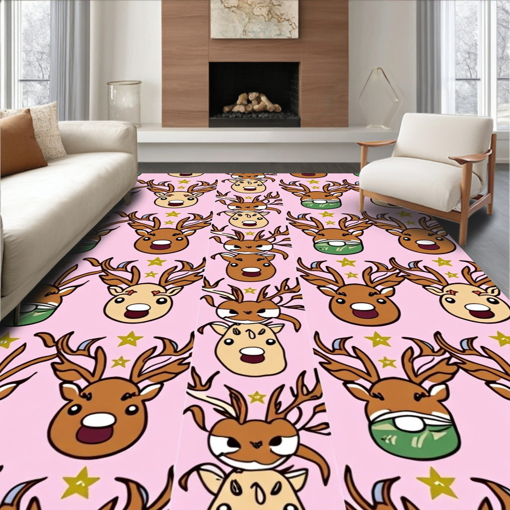 Pink Reindeer Stars Whimsical Holiday Rug
