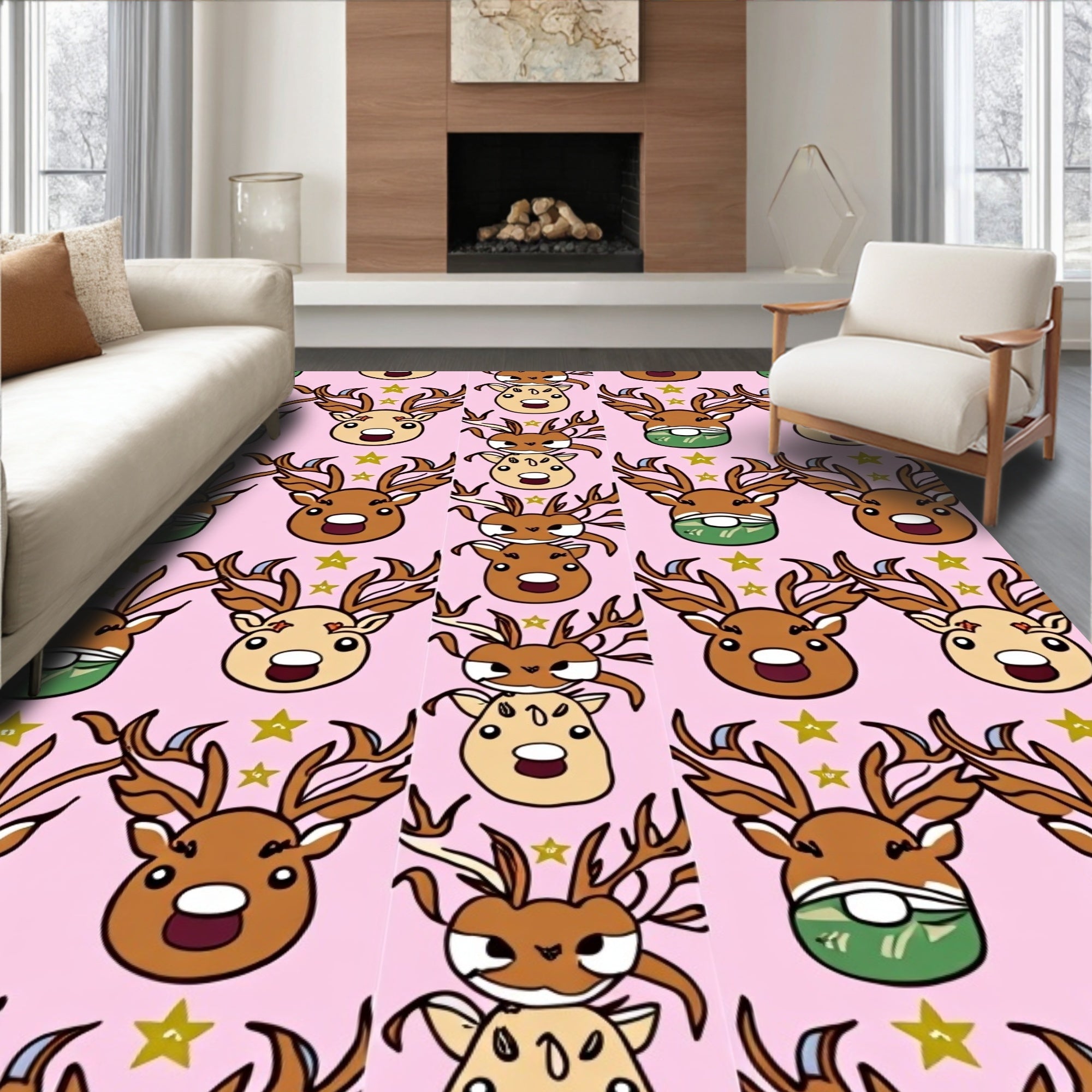 Pink Reindeer Stars Whimsical Holiday Rug