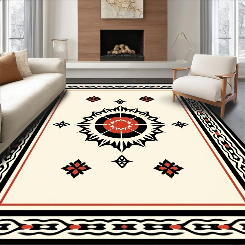 Bold Crimson Sunburst Geometric Border Rug