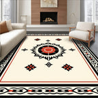 Bold Crimson Sunburst Geometric Border Rug