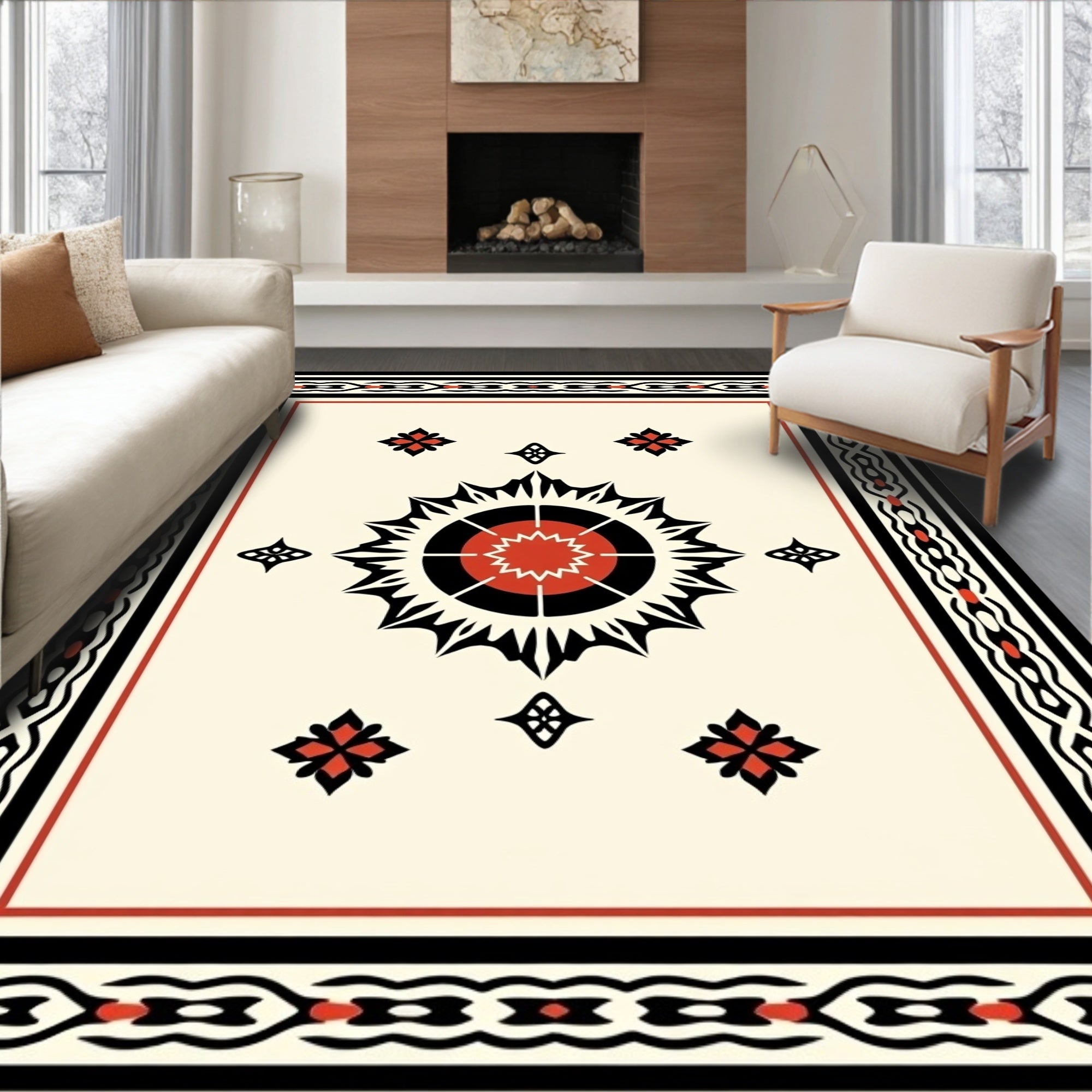 Bold Crimson Sunburst Geometric Border Rug