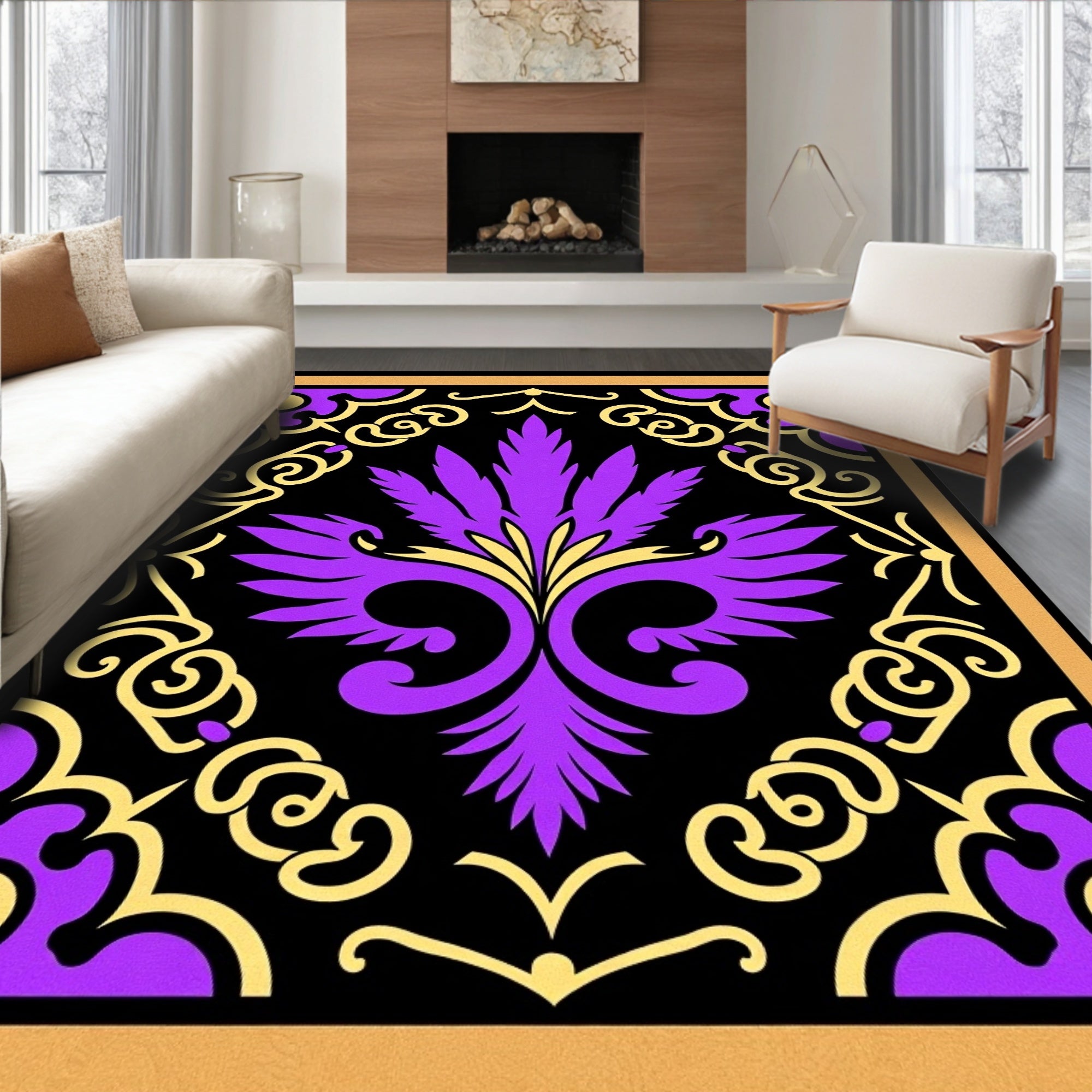 Vibrant Purple Gold Regal Flourish Rug