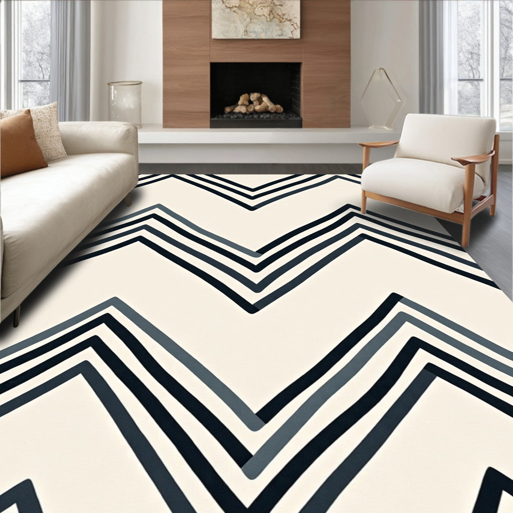 Modern Navy Blue Chevron Stripe Rug