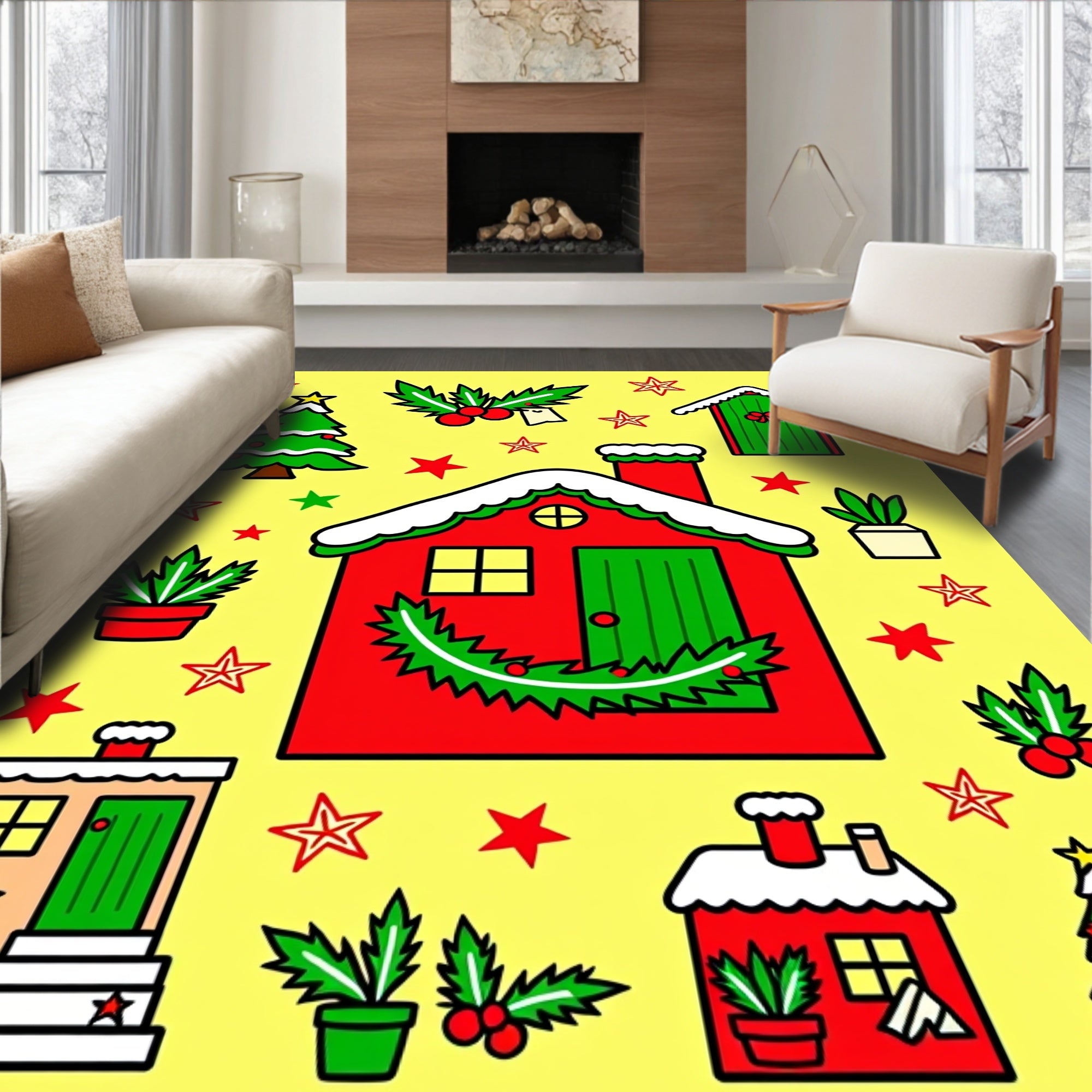 Festive Christmas Houses Holly Stars Rug