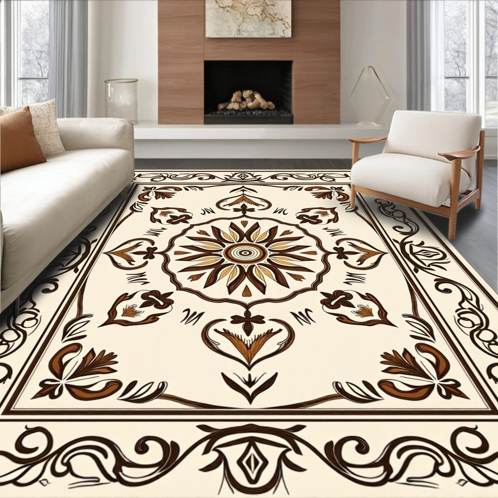 Ivory Brown Floral Scroll Medallion Rug