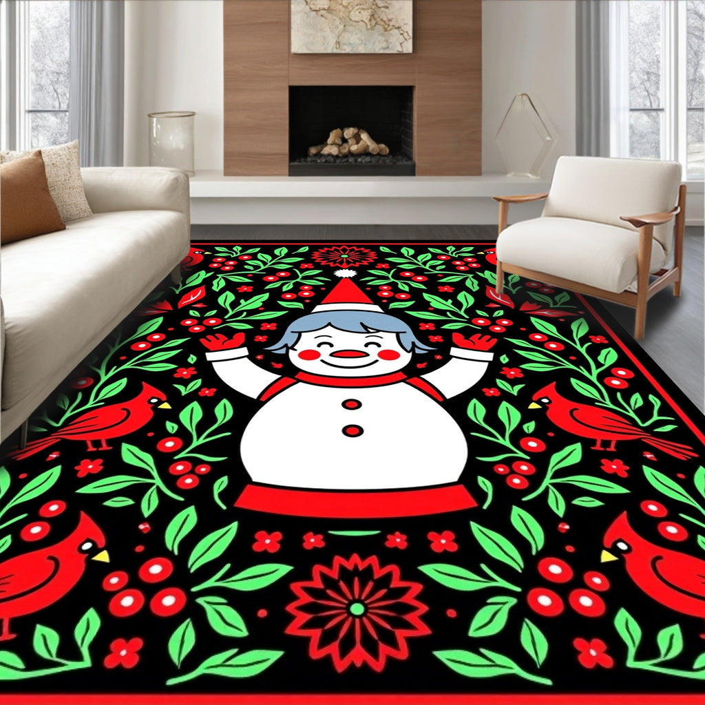Festive Snowman Red Cardinal Floral Border Rug