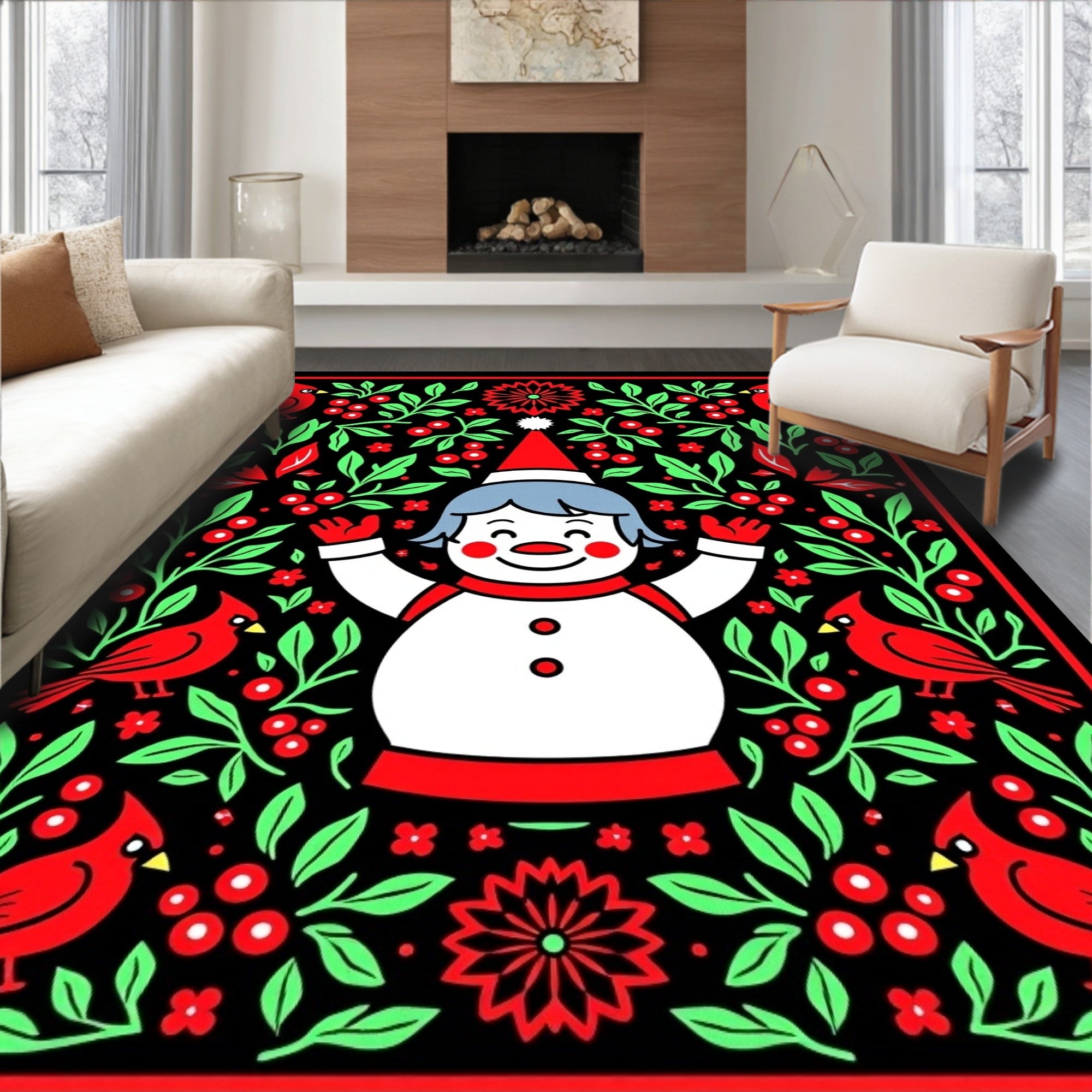 Festive Snowman Red Cardinal Floral Border Rug