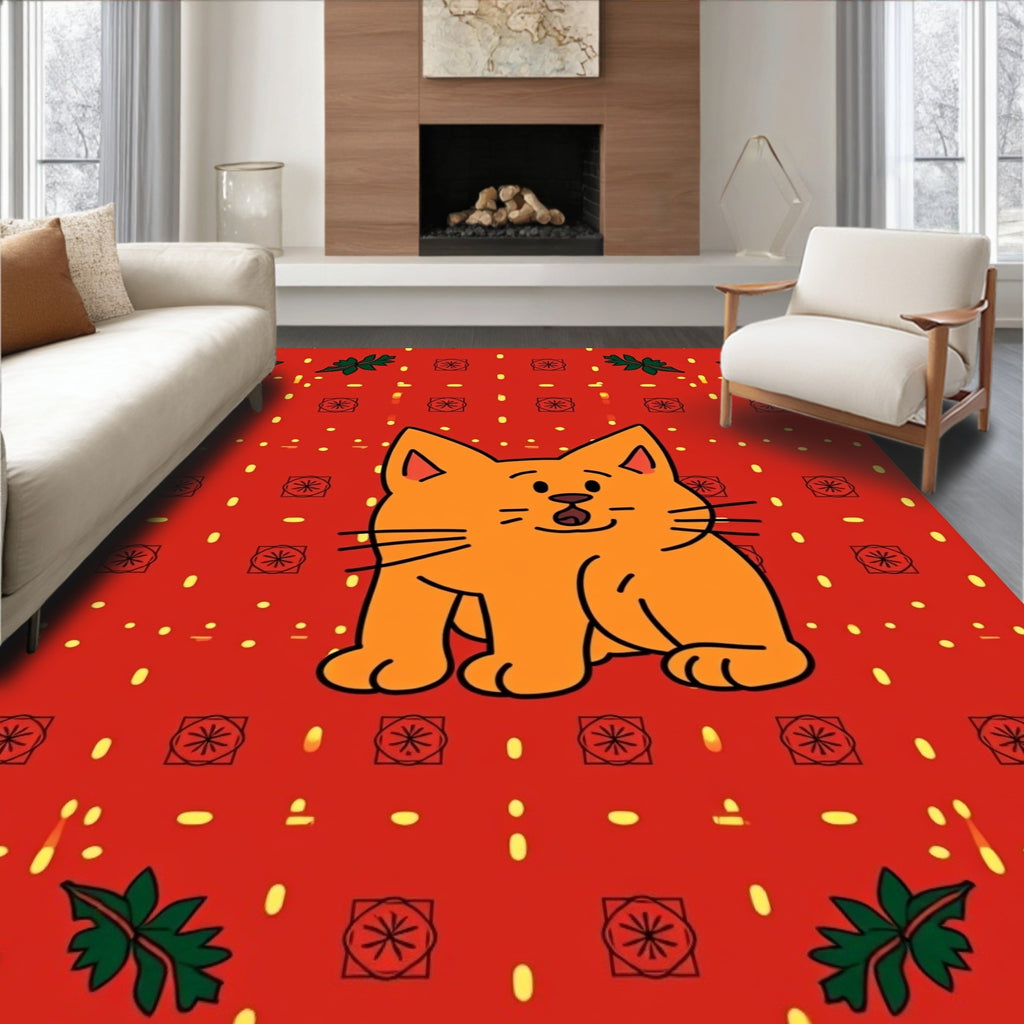 Cute Orange Cat Red Floral Dots Rug