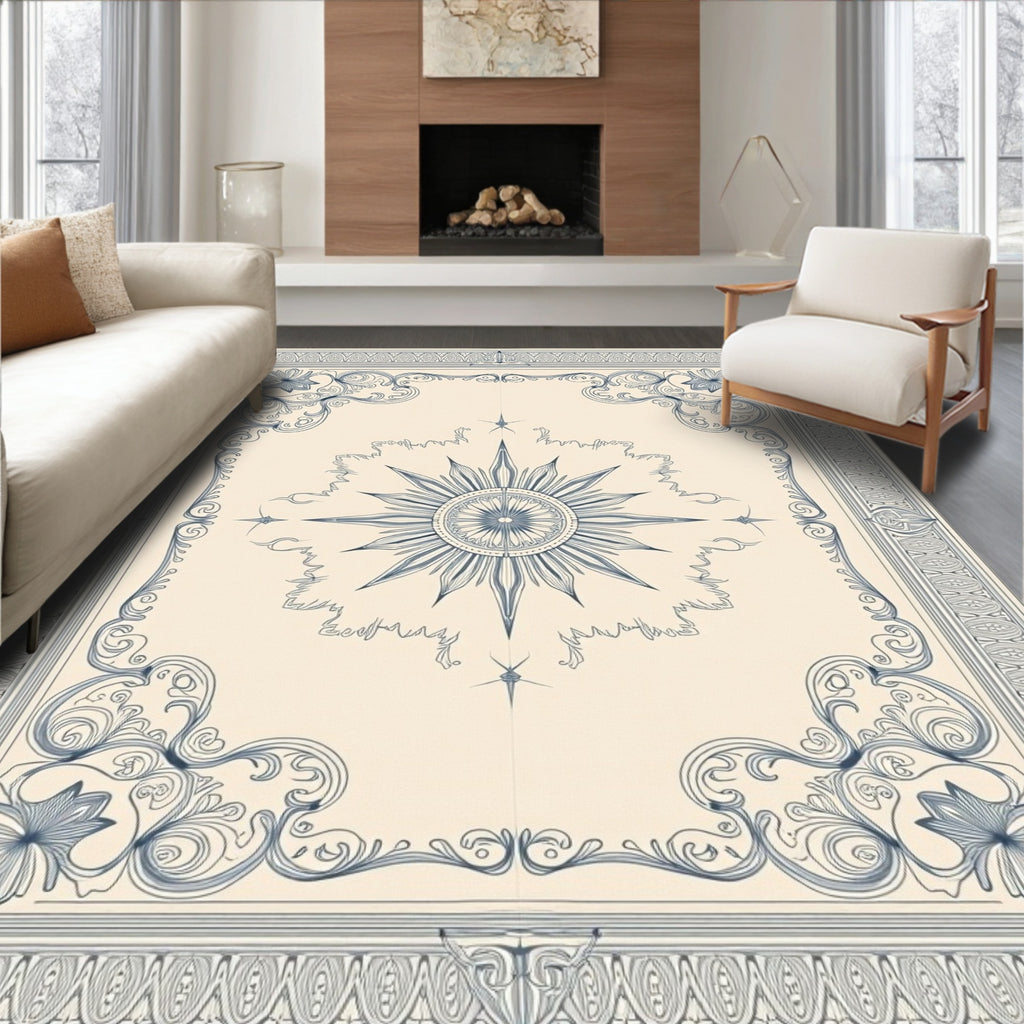 Antique Navy Sunburst Scroll Border Rug