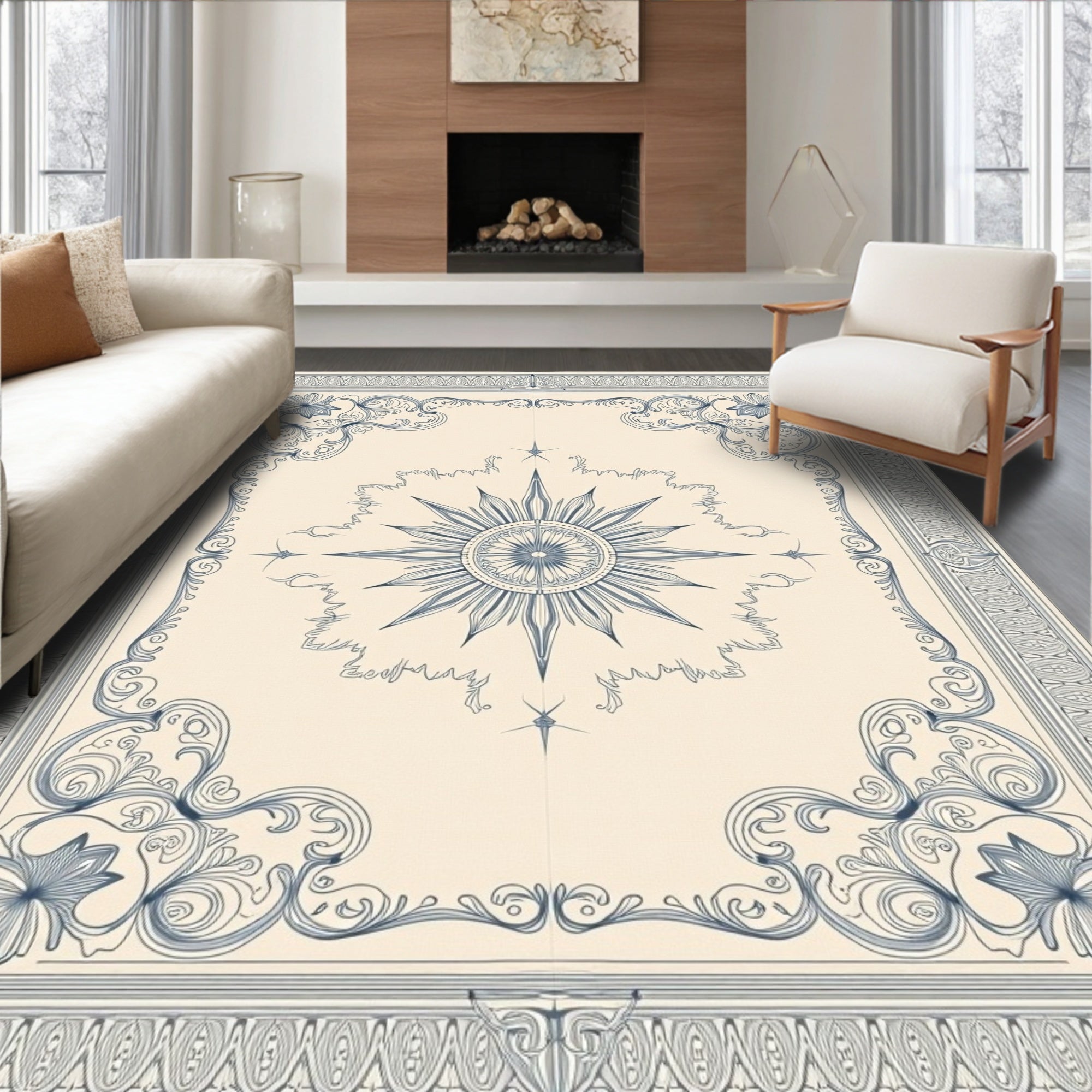 Antique Navy Sunburst Scroll Border Rug