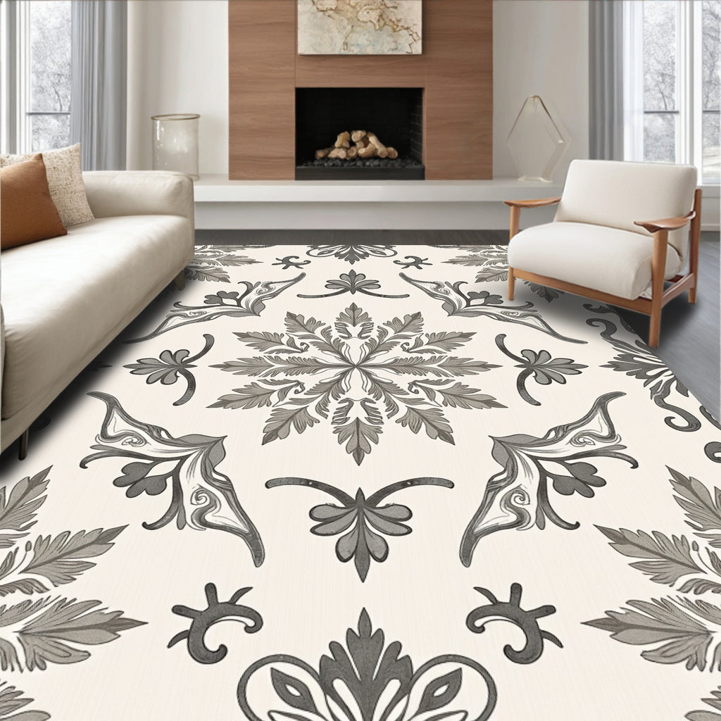 Monochromatic Gray Vintage Foliage Mandala Rug