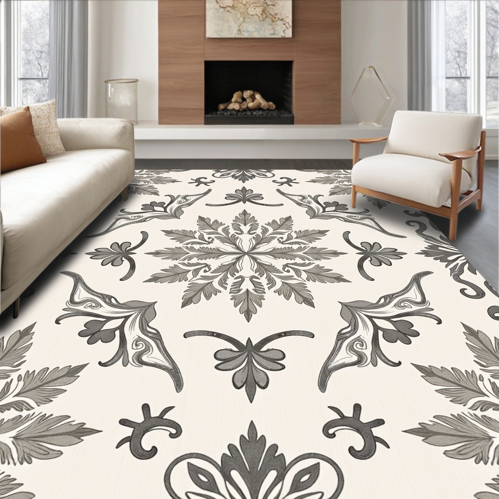 Monochromatic Gray Vintage Foliage Mandala Rug