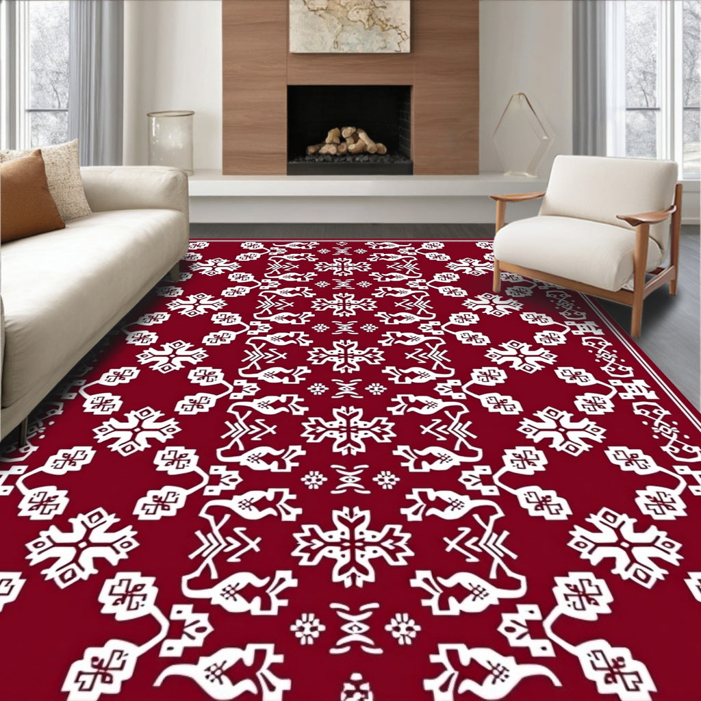 Deep Red White Folkloric Blossom Rug